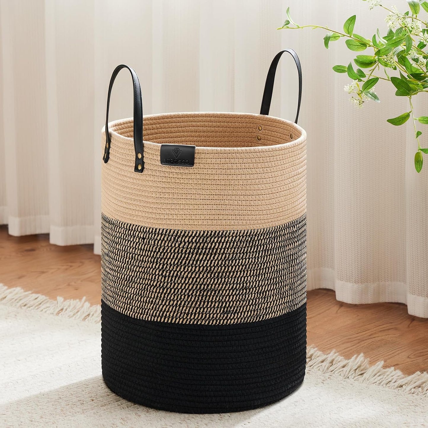 VIPOSCO Tall Laundry Basket, Large Dirty Clothes Hamper with Leather Handle, Woven Rope Storage Basket for Blanket, Toy In Living Room, Bathroom, Bedroom - 53L Brown & Black