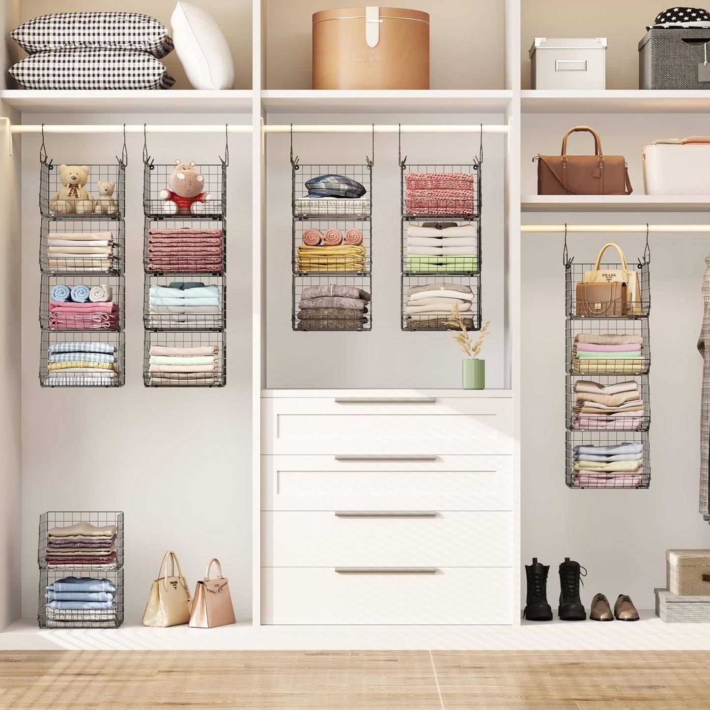 4 Tier Closet Hanging Organizer, Closet Organizers and Storage with 5 S Hooks, Closet Hanging Shelves & Freestanding Wire Storage Basket Bins, for Clothing Shoes Handbags Clutches Accessories Patent