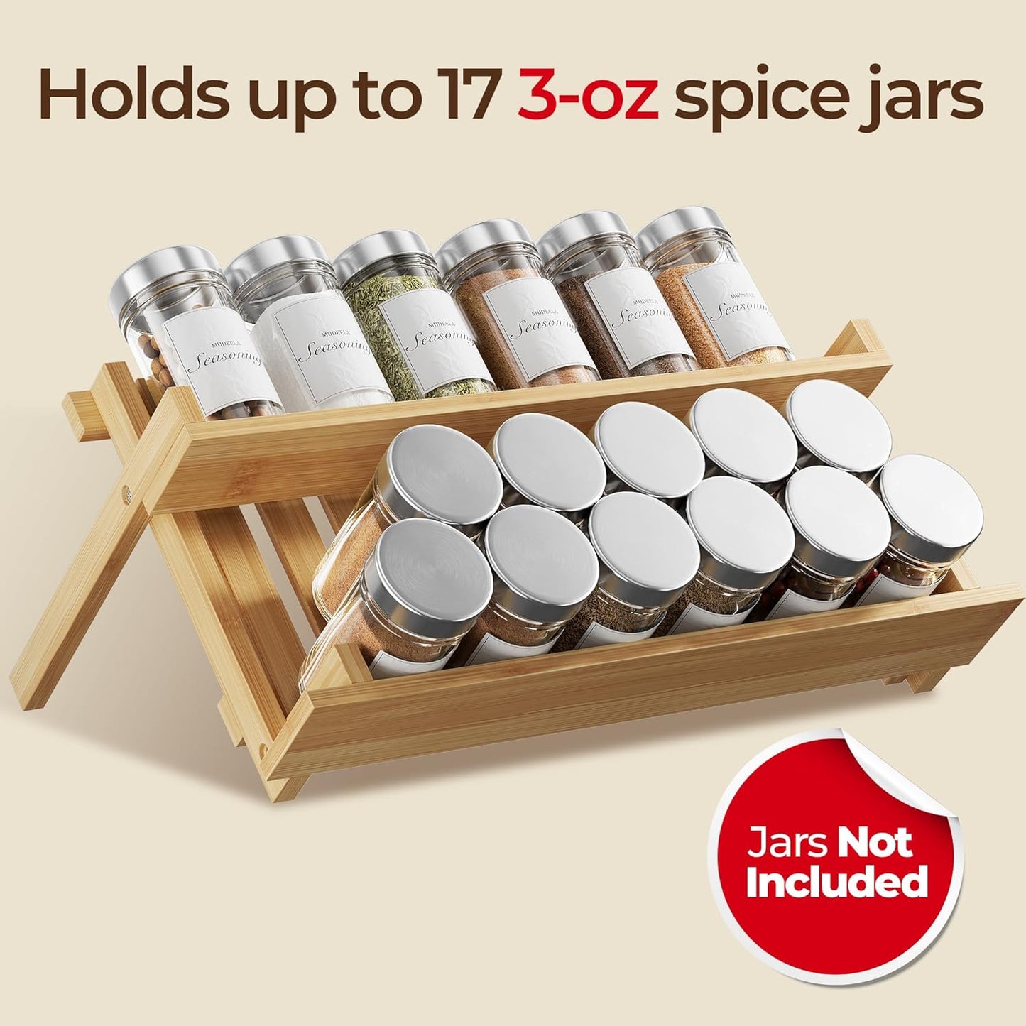 MUDEELA Bamboo Spice Rack Organizer for Cabinet, X-Shaped Foldable Spice Organization, 2 Tier Seasoning Organizer for Kitchen Counter