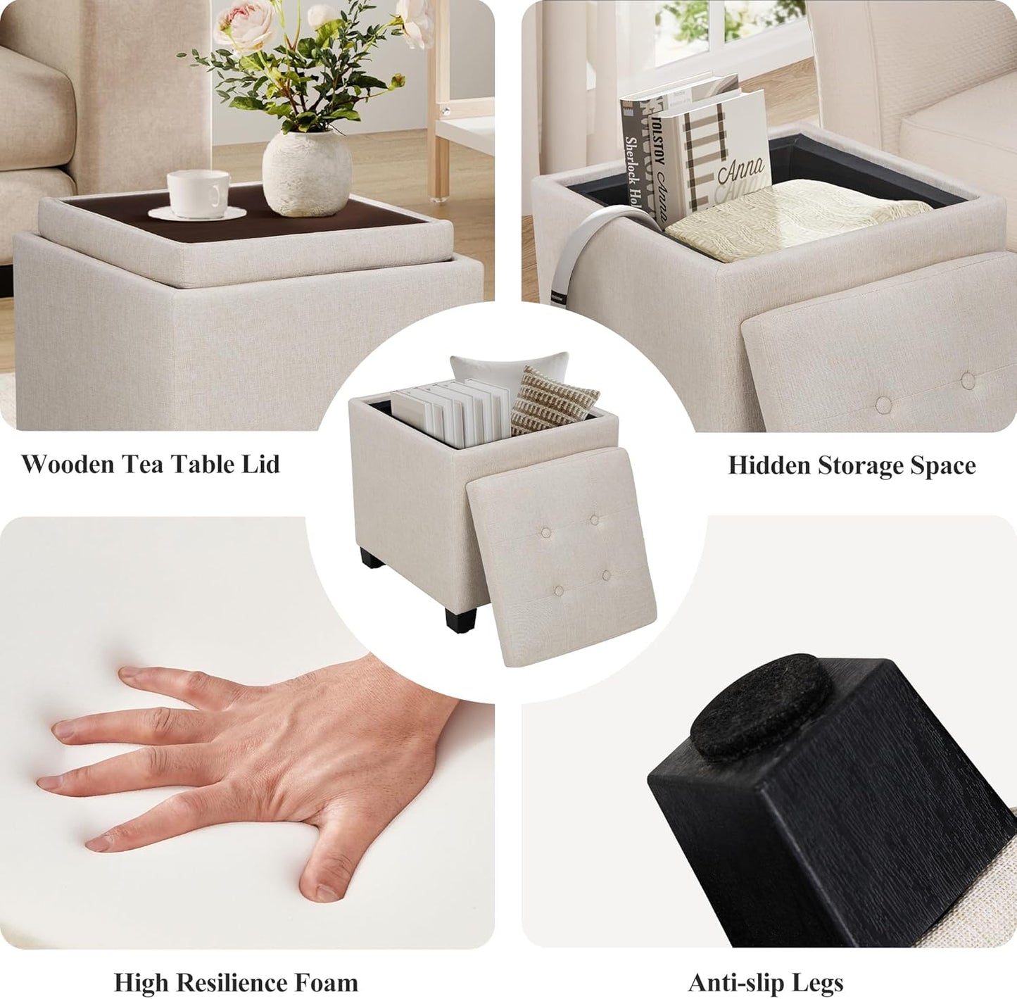 COLAMY Fabric Square Storage Ottoman with Reversible Tray Lid – Multi-Functional Footrest, Hidden Storage, Sturdy & Stylish Small Coffee Table for Living Room, Bedroom, or Entryway(Beige)