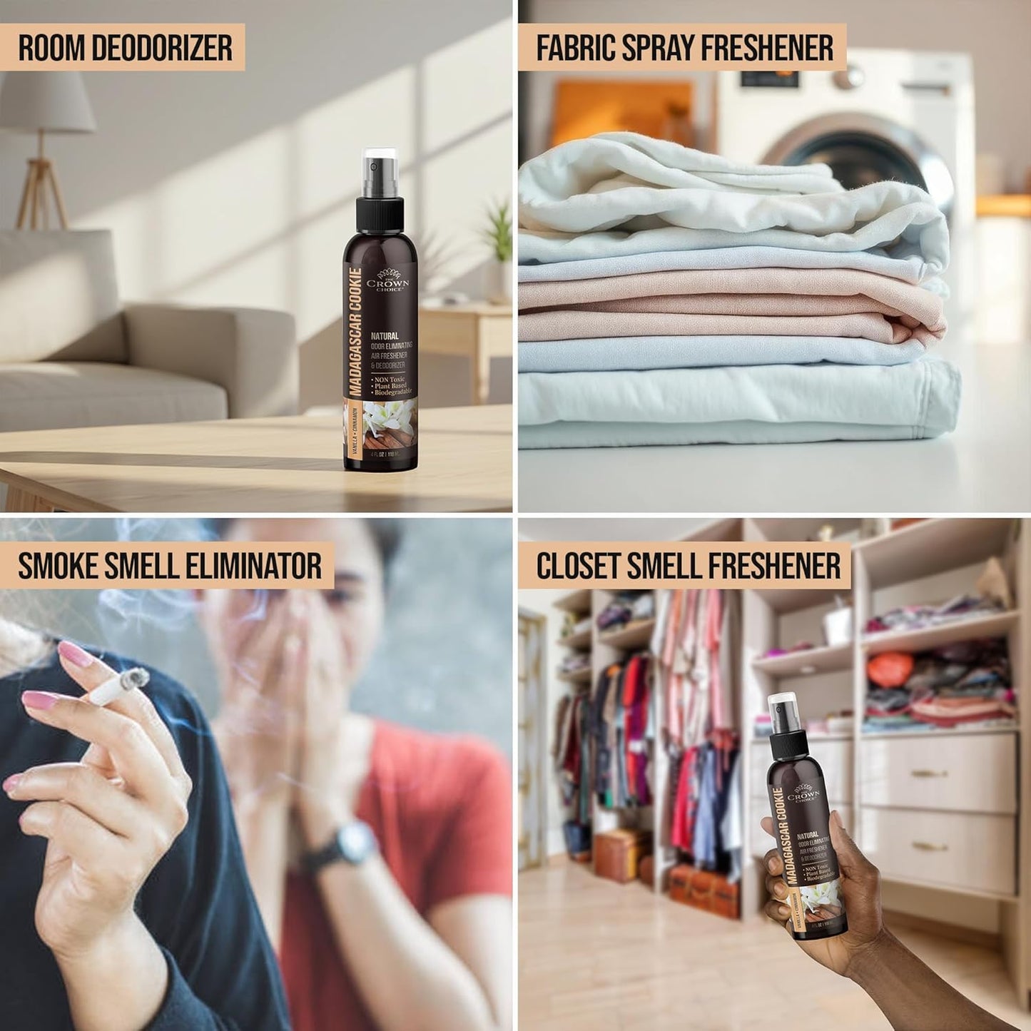 Non-Toxic Odor Eliminator, Natural Vanilla & Cinnamon Air Freshener Spray for Home, Room, Closet & Couch Deodorizer, Long Lasting Bathroom & Toilet Freshener, Safe for Kids & Pets, 2PK - 4 Oz each