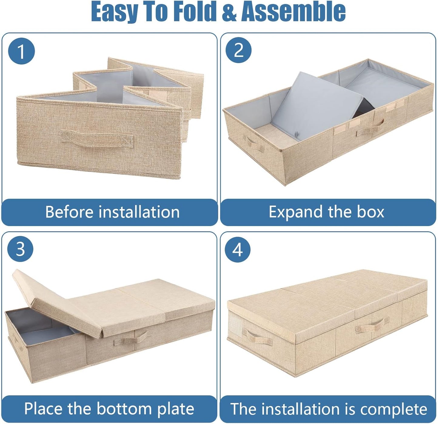 Underbed Storage Containers Bin with Lids (Set of 2) Large Under Bed Storage Organizer Box with Handle, Foldable Under the Storage Bags for Organizing Clothes, Shoes, Blankets, Pillows-Khaki