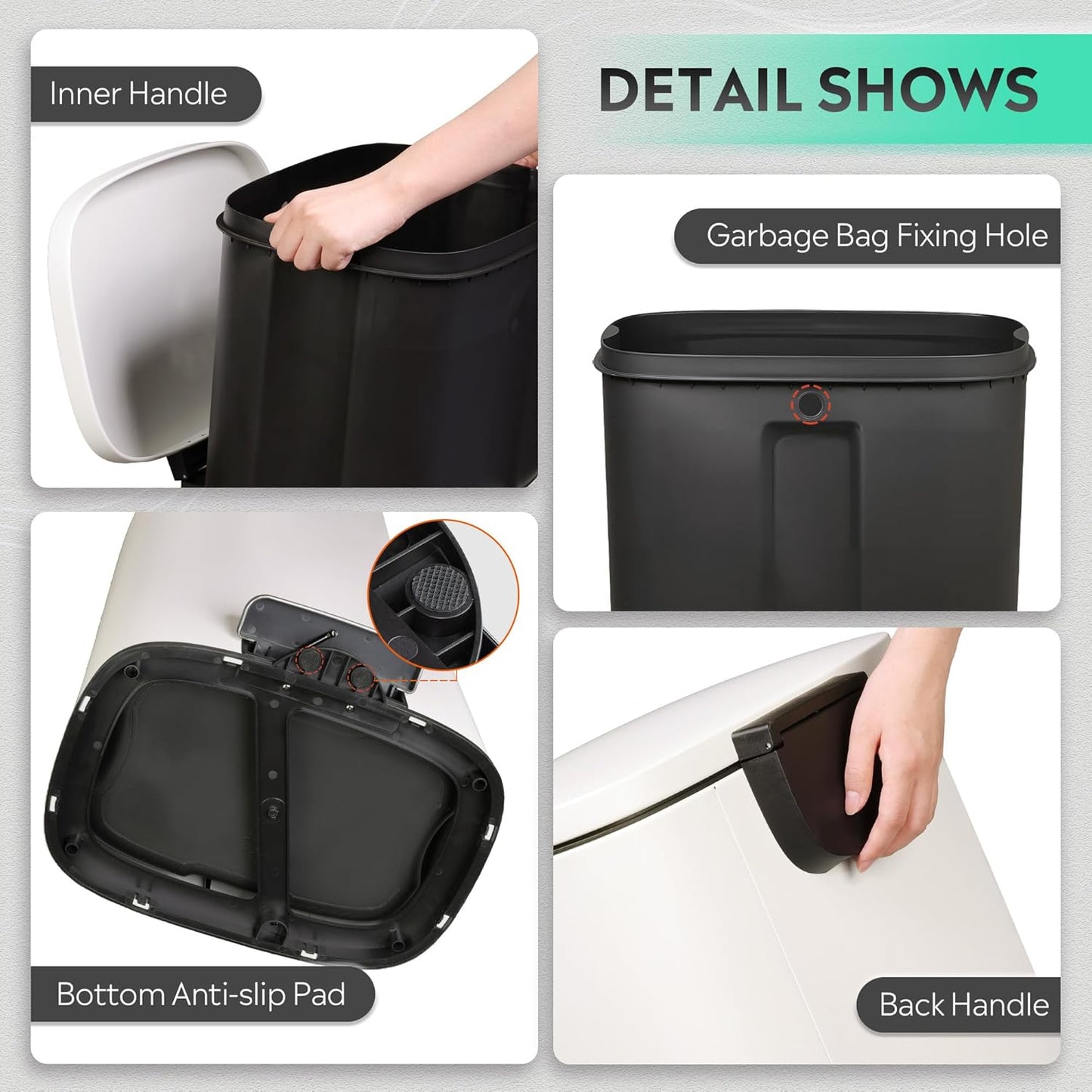 WLIVE 13 Gallon Stainless Steel Trash Can with Inner Bucket, Kitchen Garbage Can with Lid, 50L Soft Close Step Trash Can with Metal Foot for Home, Kitchen, Laundry Room, Office, White