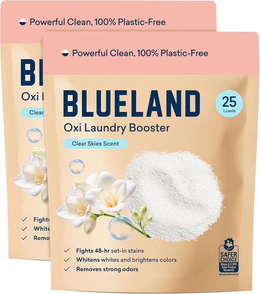 BLUELAND Oxi Laundry Booster Powder Refill 2-Pack, Clear Skies Scent, 50 Loads, 35.2 oz, Plastic-Free, Eco Friendly, Oxy Cleaner, Stain Remover