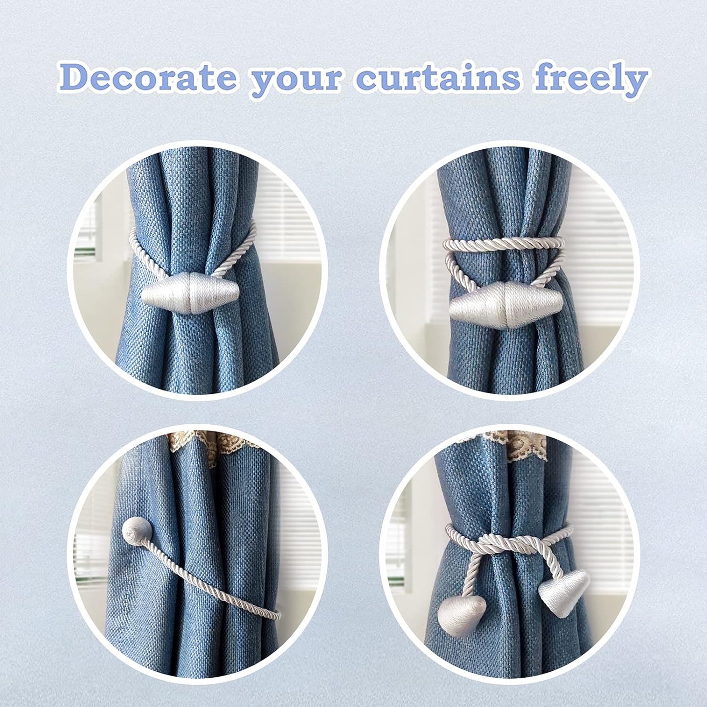 Hion Magnetic Curtain Tiebacks Gray Blue 2pcs, Curtain Tiebacks Buckles Holdbacks Holders Hooks Clip for Home Bedroom Office Decorative Curtain