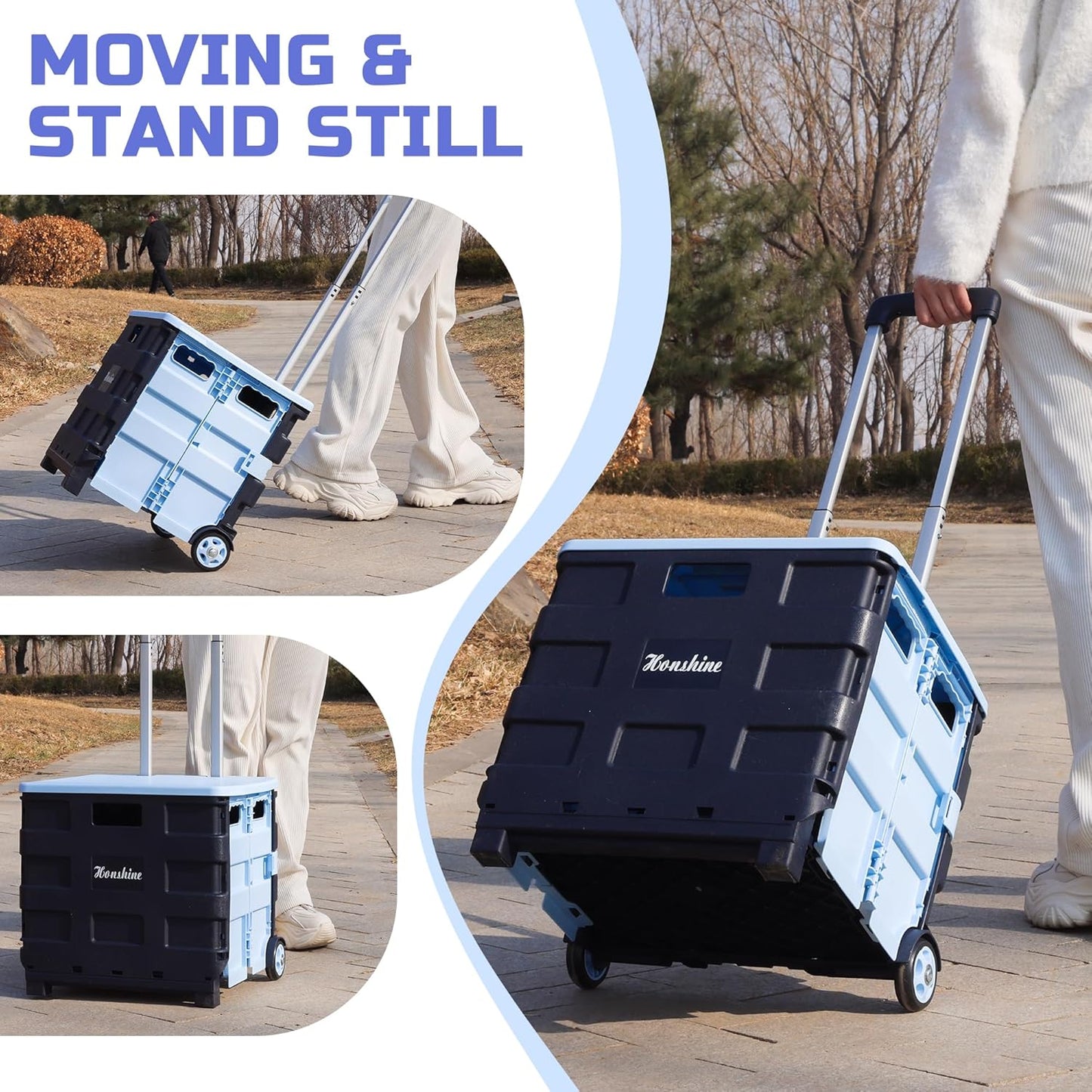 Collapsible Rolling Crate on Noiseless Wheels: Portable Utility Cart for Shopping Teacher Laundry (Blue)