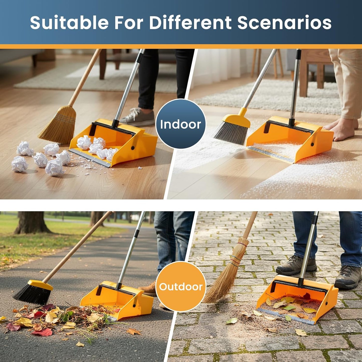 Large Commercial Dustpan with Comb，Long Handle Upright Heavy Duty Dust Pan Outdoor Indoor for Courtyards, Garages, Lobbies, Shopping Malls, Market Floors, Sidewalks, Classroom Floor Cleaning
