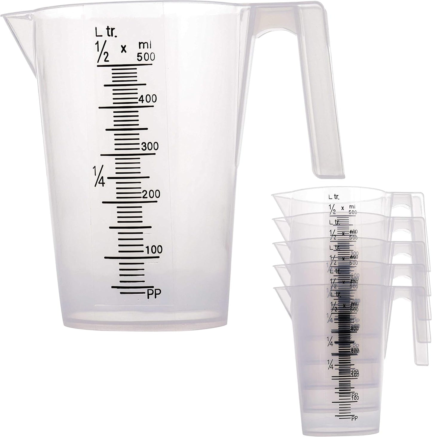 TCP Global 1/2 Liter (500ml) Plastic Graduated Measuring and Mixing Pitcher (Pack of 6) - Holds Over 1 Pint (16oz) - Pouring Cups, Measure & Mix Paint, Resin, Epoxy, Kitchen Cooking Baking Ingredients