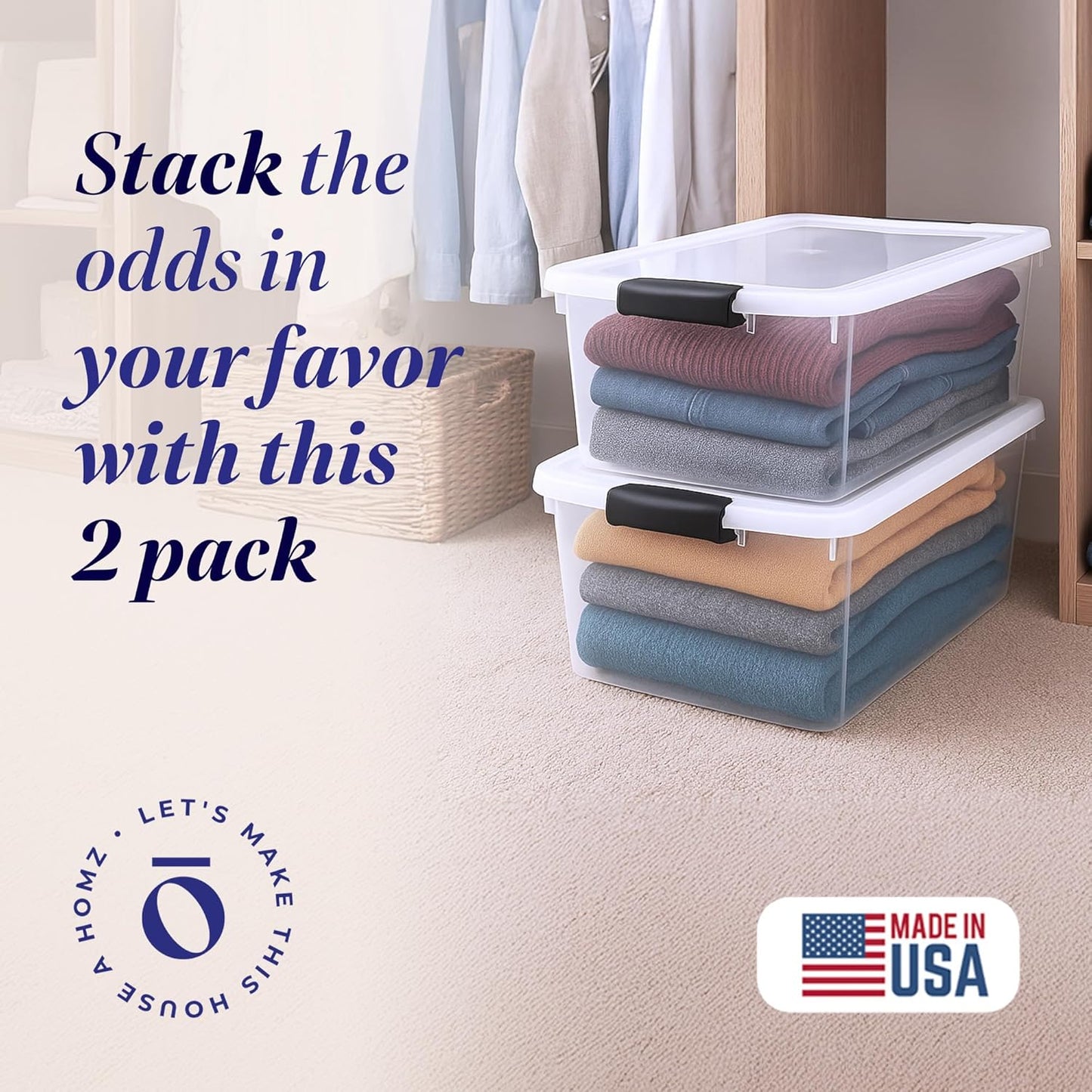 HOMZ 2-Pack Secure Latch, Clear Plastic Storage Organizer Bins, 64 Quart, Gray Latches - Stackable Container Boxes for Bedroom, Bathroom, Garage, and Office Organization