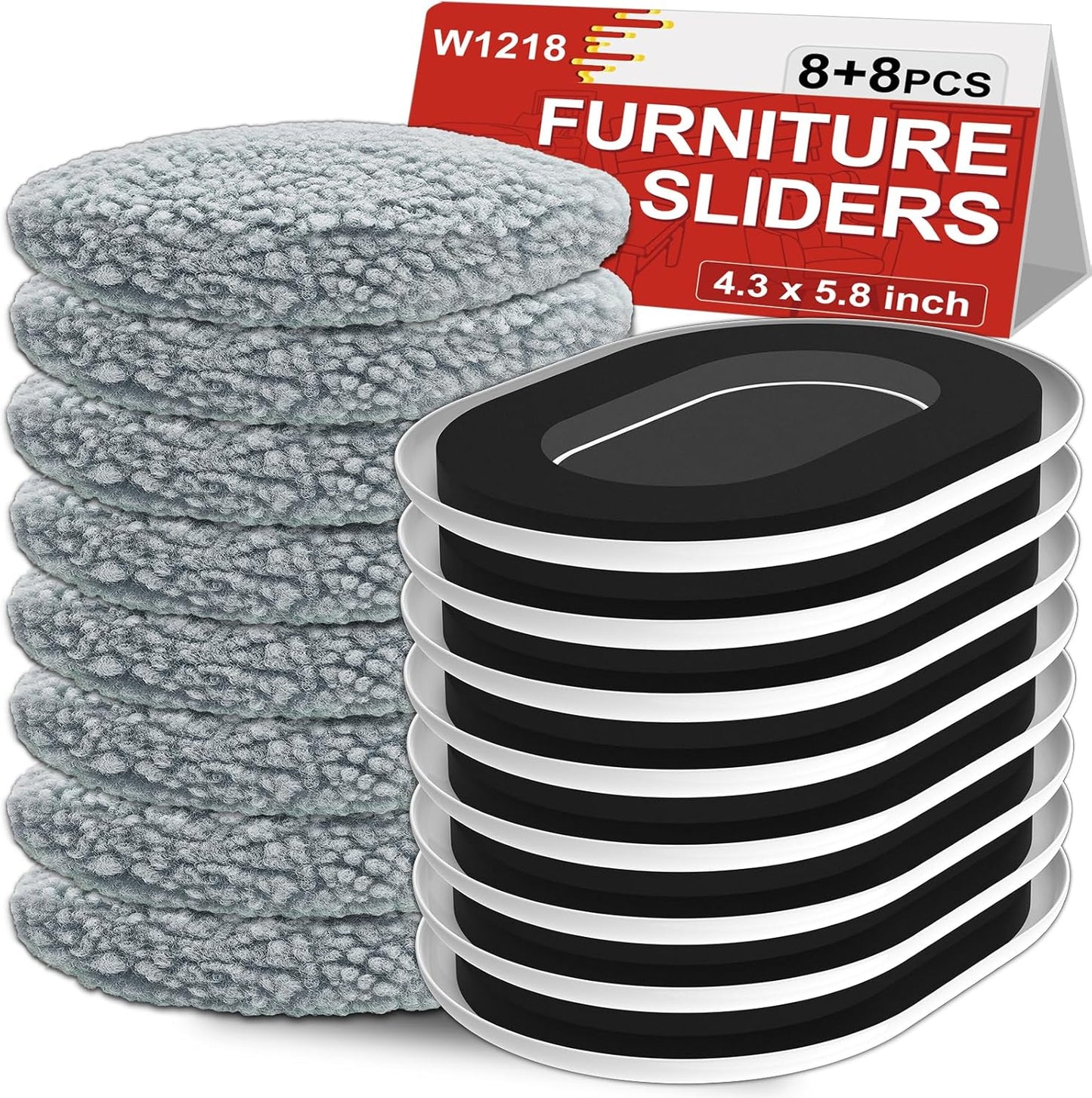 New Upgrade Furniture Movers Sliders, 8+8 Pack 5.8 * 4.3" Multi-Surface Furniture Sliders with Groove Design, Oval 8PCS Moving Pads and 8 Hardwood Socks, Protect Floor and Easily Move Furniture