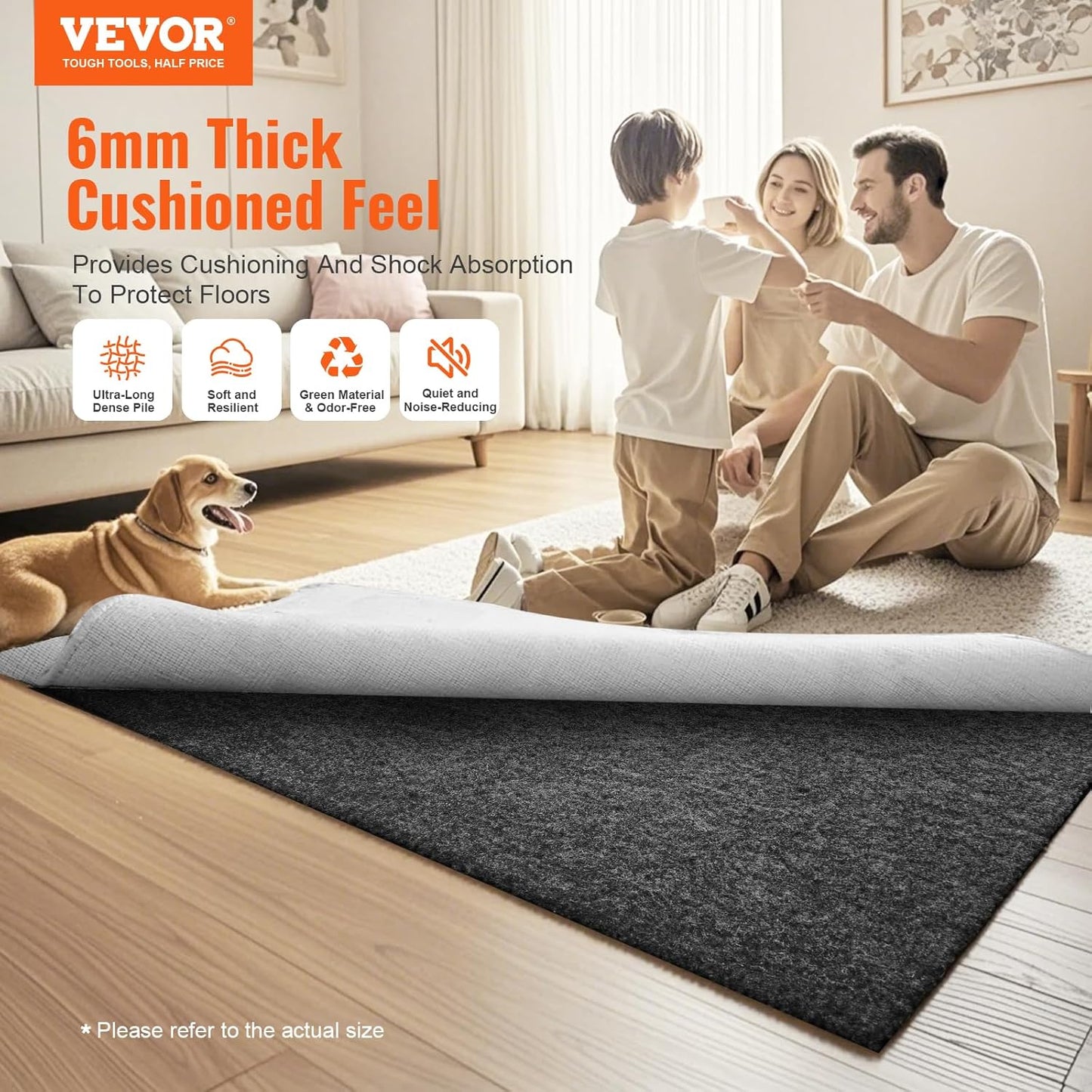 VEVOR Rug Pad Without Slip Resistance, Protective Cushioning Carpet Pad, 9' x 12', 1/4"Thick, 100% Pure Polyester Felt, 10-11㎡ Premium Comfort Underfoot Carpet Padding Rug Cushion for All Floors, Gray