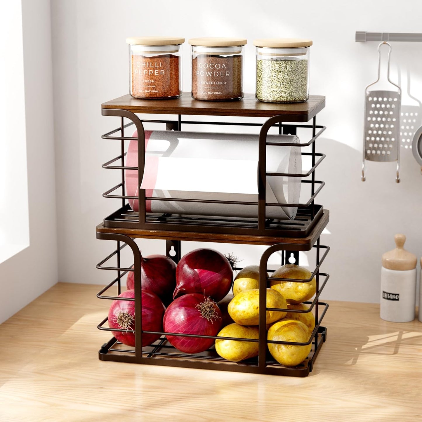 2 Pack Extra Large Pantry Baskets with Bamboo Top,Stainless Steel Trash Bag Dispenser for Kitchen Sink and Laundry Room Organization,Brown