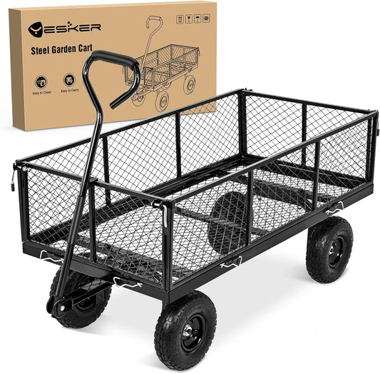 Yesker Steel Garden Carts - 1100lbs Dump Wagon with All Terrain Inflatable Wheels for Yard Lawn Farms Gardening - Heavy Duty Utility Outdoor Hauling Wheelbarrow