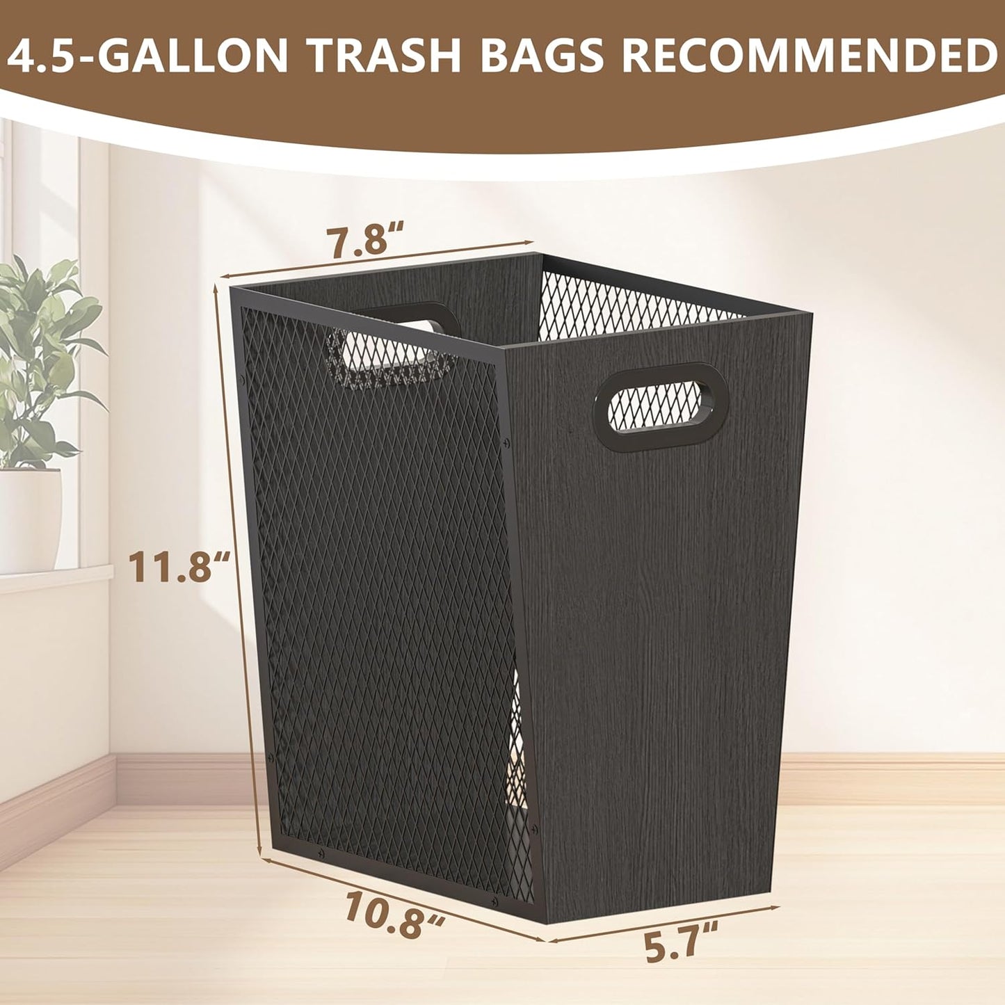 Piskyet Black Office Trash Can for Near Desk,4.5 Gallon Unique Wood Bedroom Garbage Can,Vintage Wastebasket with Handle, Decorative Trash Can for Home Office,2pack 10.8" L x 7.8" W x 11.8" H