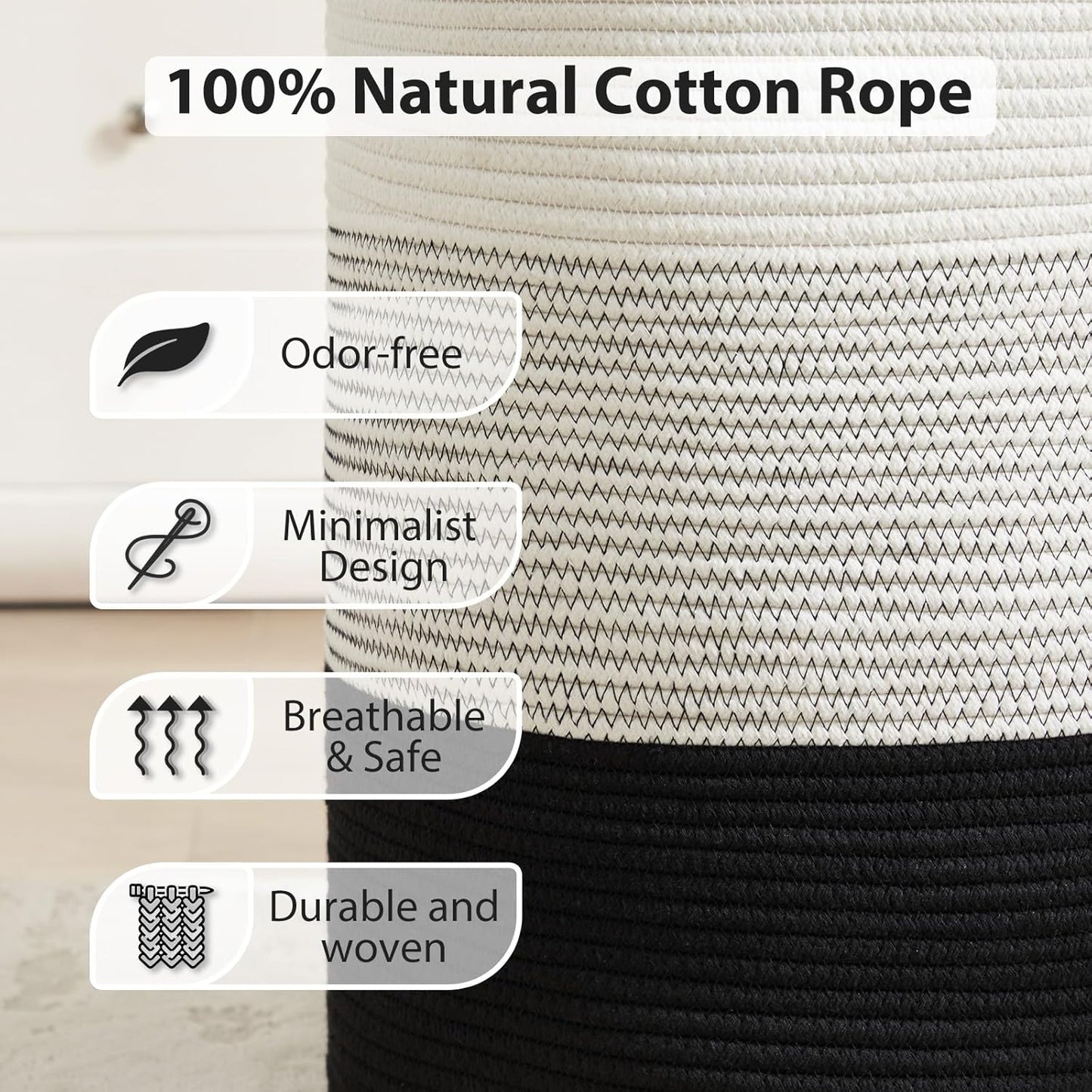 Fiona's magic Cotton Rope Laundry Hamper, Tall Woven Laundry Basket Storage, Baby Nursery Hamper for Blankets, Toys and Clothes Hamper for Bedroom and Living Room Organizing, 72L, Black & White