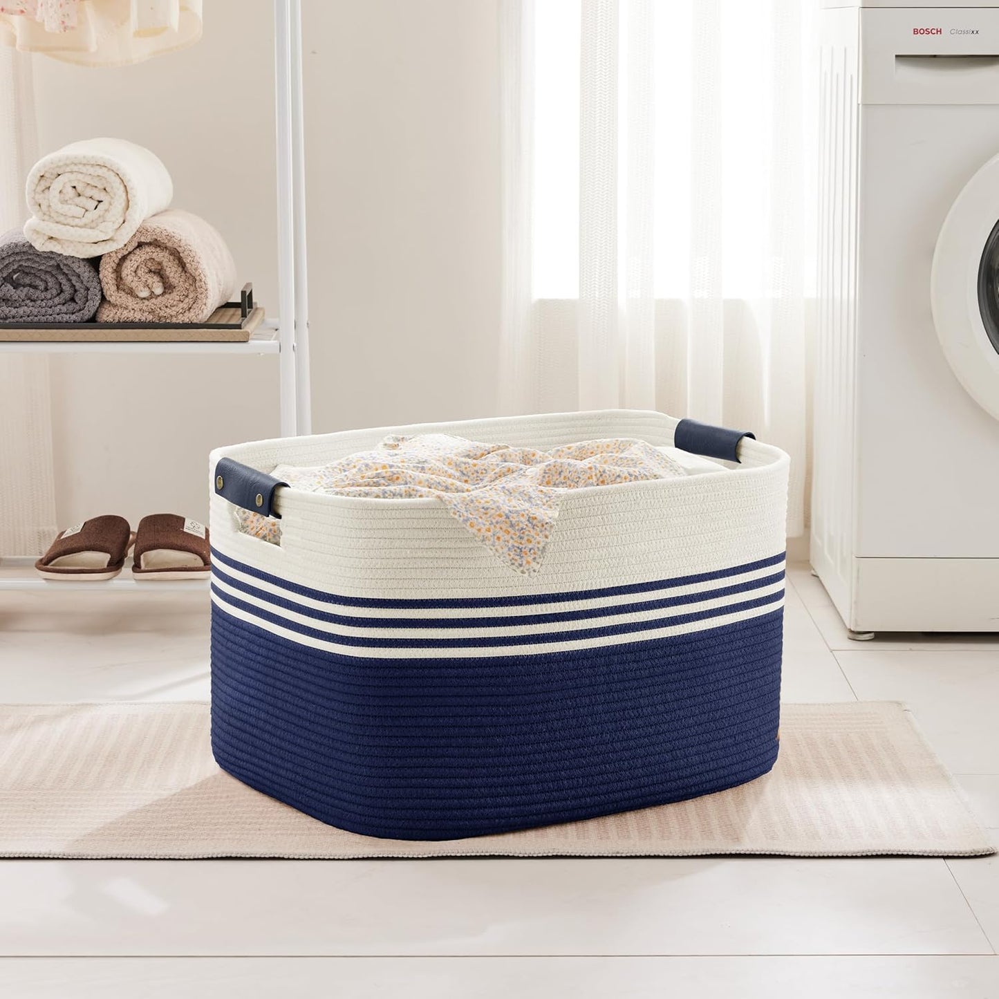 86L Extra Large Laundry Basket with Leather Handles for Living Room Storage, Woven Rope Baskets for Blanket, Kids Toy, Gifts, Wicker Hamper for Bedroom Dirty Clothes, 24"x16"x14" White Navy