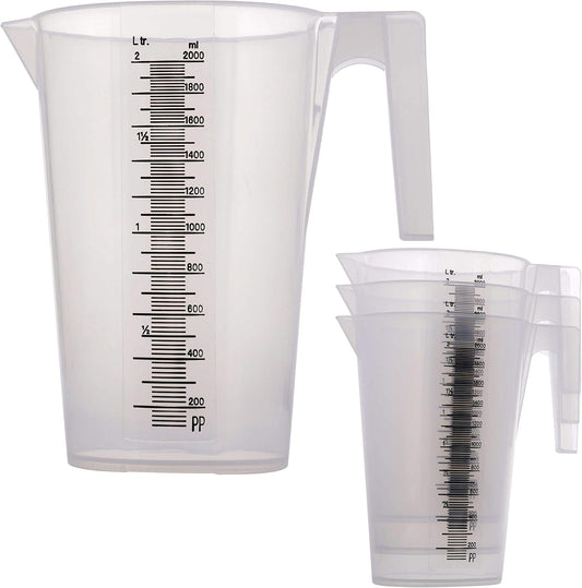 TCP Global 2 Liter (2000ml) Plastic Graduated Measuring and Mixing Pitcher (Pack of 4) - Holds Over 2 Quarts (64oz) - Pouring Cup, Measure & Mix Paint, Resin, Epoxy, Kitchen Cooking Baking Ingredients