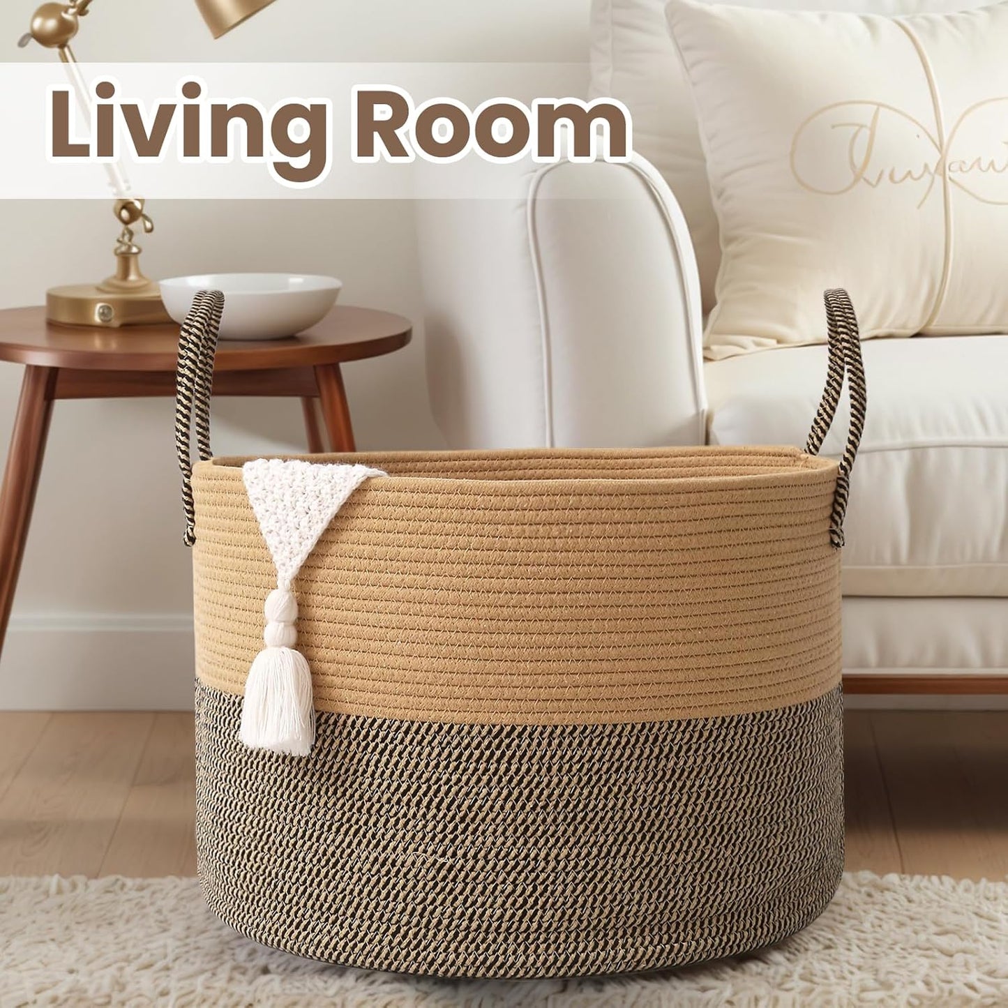 Woven Blanket Basket,115L Large Rope Storage Bin with Handles, Organizer for Blankets Toys Book and Clothes, Laundry Basket for Living Room Bedroom Nursery,Jute&Black