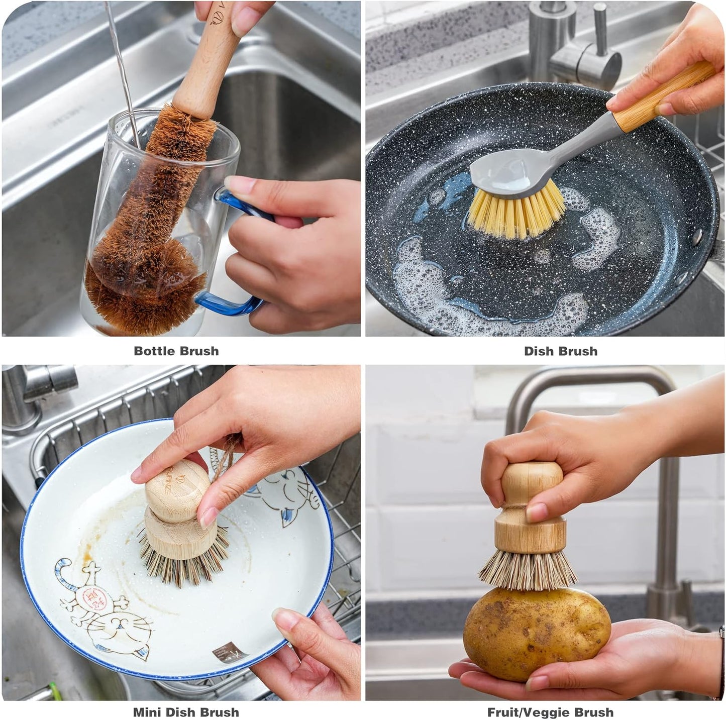 Natural Bamboo Dish Brush Bottle Scrub Brush 4-Piece Set, with Ceramic Soap Dispenser - Wooden Washing Up Brushes with Sturdy Handles for Cleaning Dishes, Pots, Pans, Gift Kit