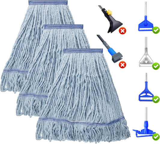 KeFanta 3 Pack Heavy Duty Commercial Mop Head Replacement,Looped End String Cotton Mop Heads,Industrial Wet Mops Refill for Floor Cleaning(Blue)