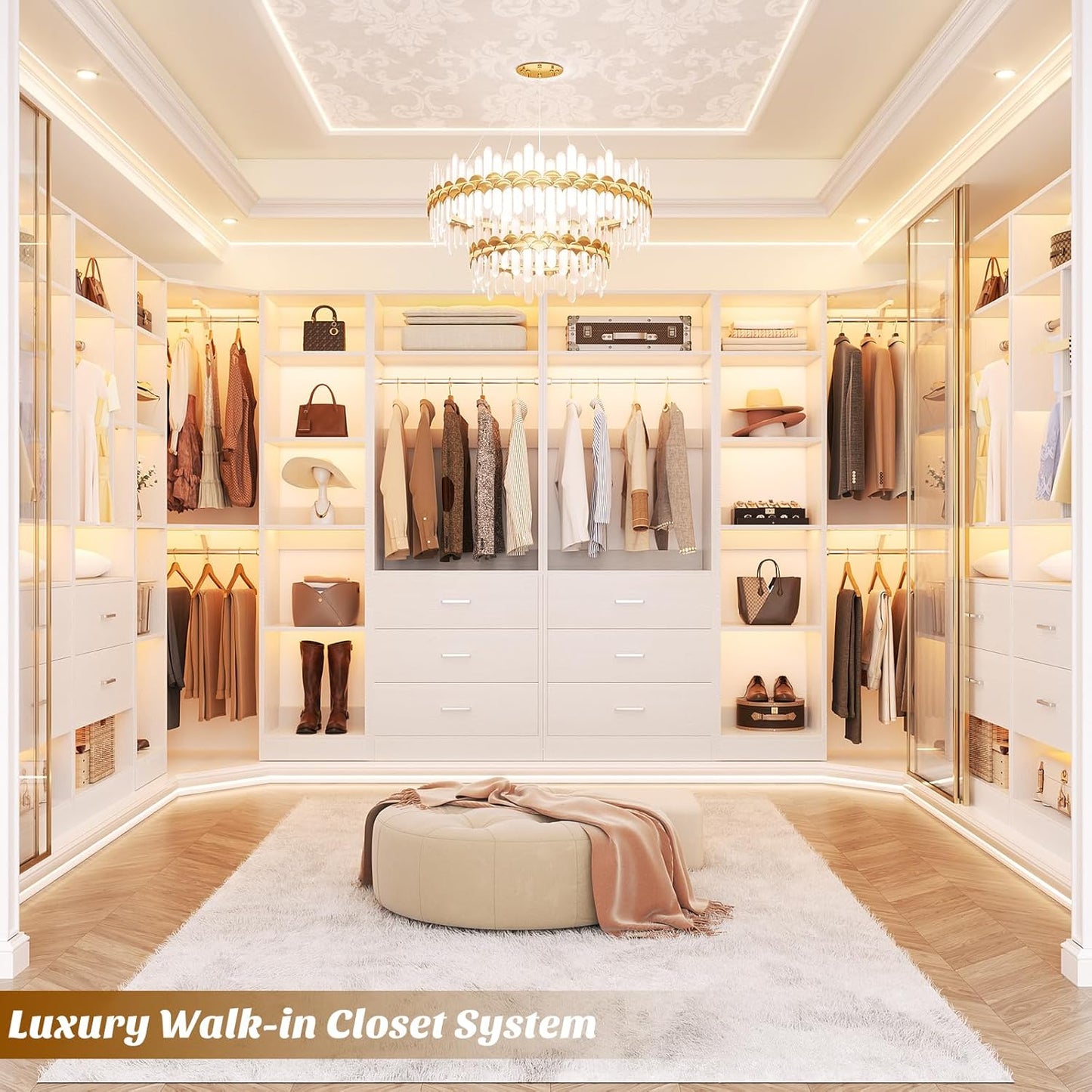 Corner Closet System with 5 Drawers, Closet Organizer System with 15+Shelvess & 4 Hanging Rods, 63.2"L * 63.2"W / 87.2"L * 39.2"W Reversible L Shaped Walk-in Closets, Load 2500+LBS, White