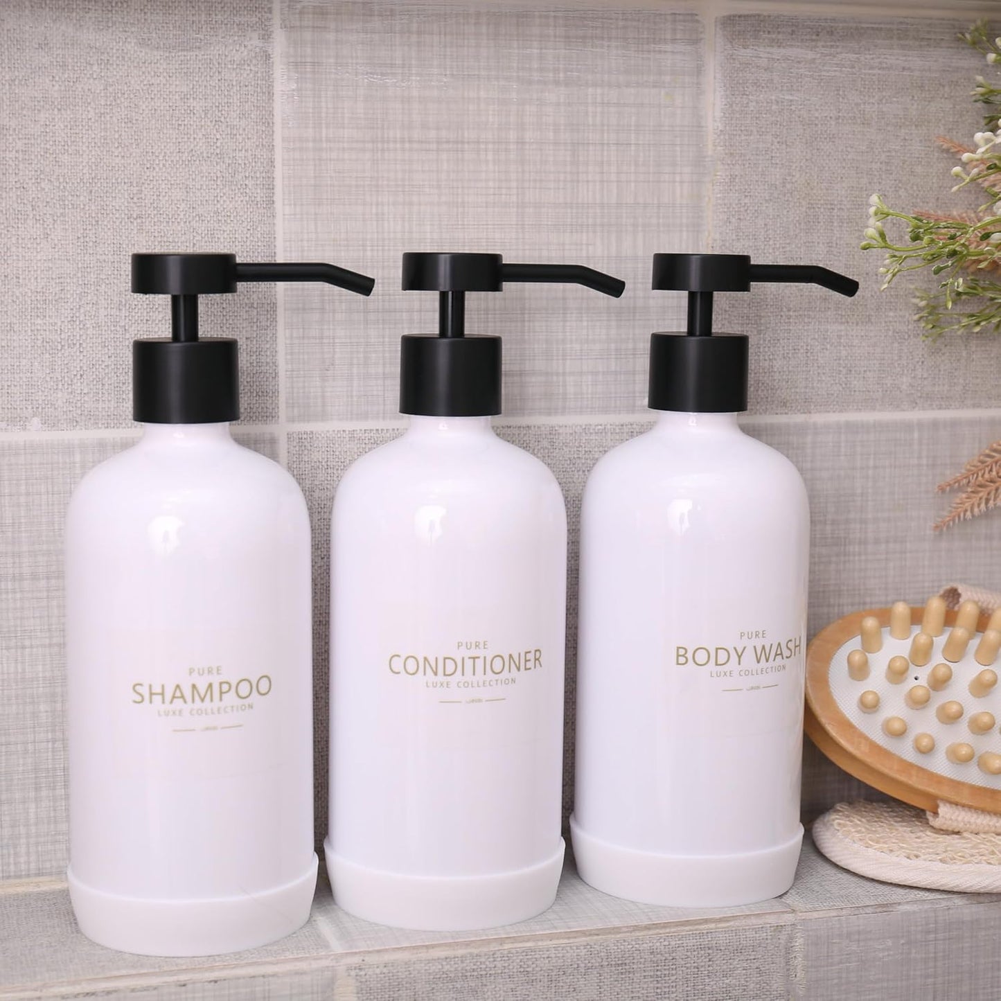 Shampoo and Conditioner Dispenser Set of 3,Refillable 21oz Shampoo Bottles with Non-Slip Protective Silicone Pad,Shower Soap Dispenser with Waterproof Labels for Bathroom (White)