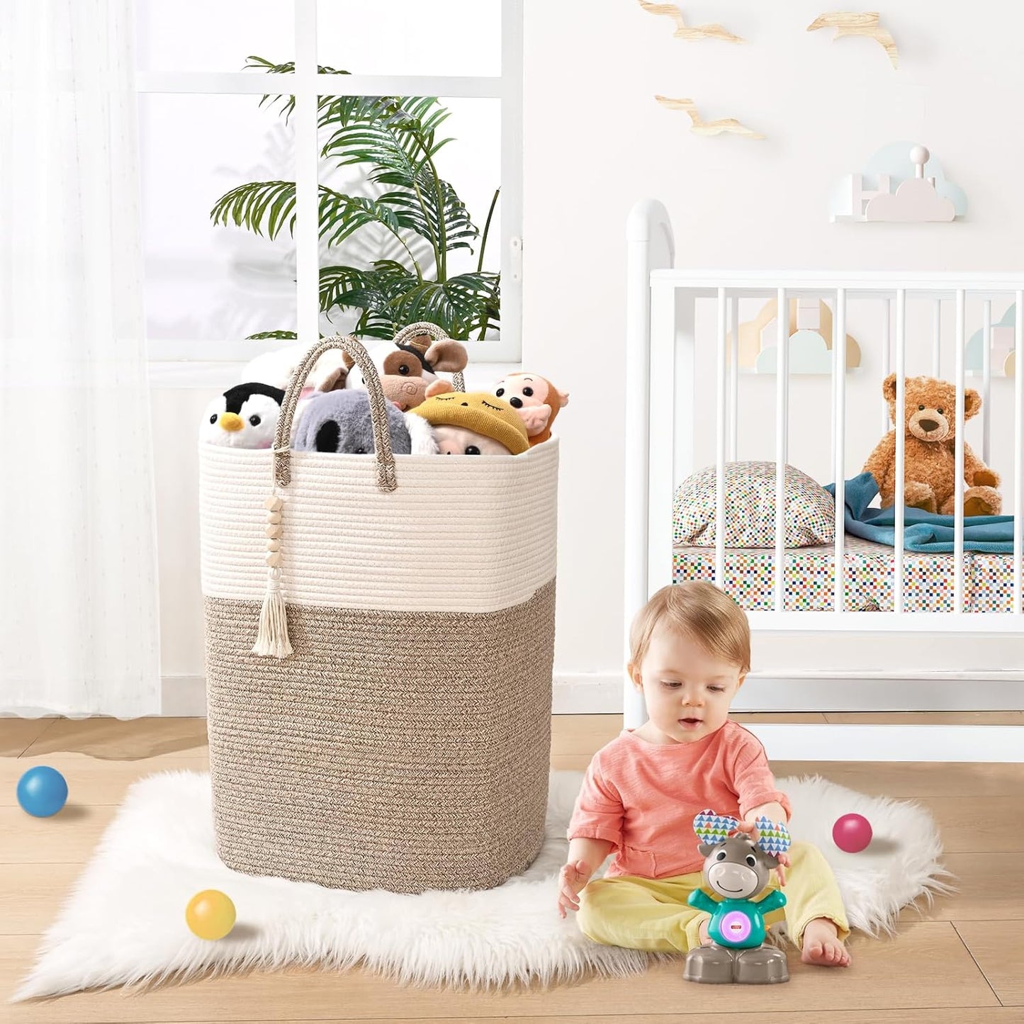 65L Woven Laundry Basket for Clothes, Large Rectangle Laundry Hampers with Beads Tassel, Nursery Storage Basket for Toys, Tall Dirty Clothes Hamper for Bedroom Aesthetic, Laundry Room Organization