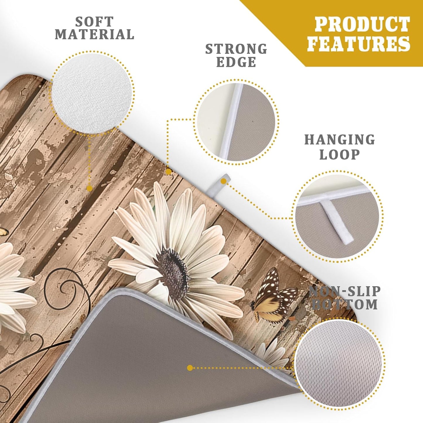 Summer Daisy Flowers Dish Drying Mat for Kitchen Counter 18x24 Inch Rustic Daisy Absorbent Dish Drying Mat Wood Microfiber Reversible Drying Pad Dish Drainer Mat for Countertops Tableware Decor