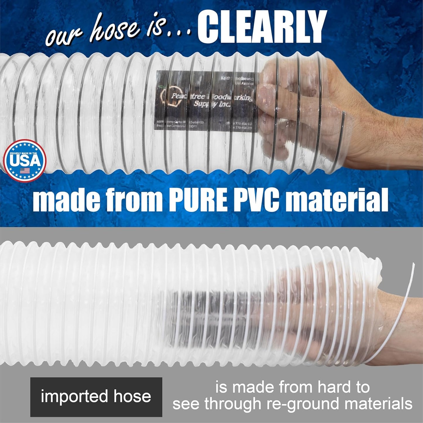 PVC Dust Collection Hose w/4 Thumbscrew Clamps, Puncture Resistant, Carbon Steel Wire, Clear Flexible PVC Dust Collector Hose, Proudly Made in USA (6" x 10')
