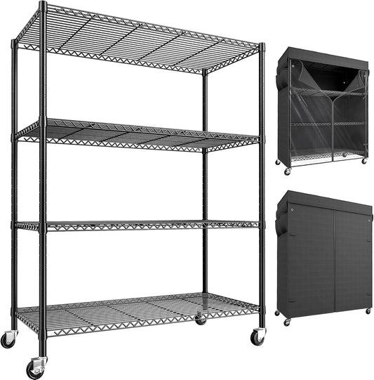 REIBII 4-Tier Storage Shelves Wire Shelving Unit with Cover & Wheels, Heavy Duty Metal Shelving for Dorm Storage Shelves, Garage Storage Rack Commercial Shelf, 36" W*14.3" D*56.5" H