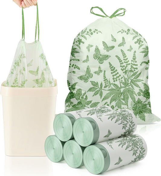 VOK 8 Gallon Trash Bags with Butterfly Printed & Sweet Wormwood Scent, Drawstring Medium Garbage Bags, Tear-Resistant & Fragrant Trash Can Liners, Trash Bags 8 Gallon for Home/Office, 125 Counts
