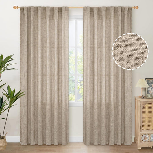 YoungsTex Linen Curtains 84 Inches Long for Living Room Farmhouse, Oatmeal Semi Sheer Drapes Light Filtering Textured Window Treatments with Back Tab Rod Pocket for Bedroom, 2 Panels,52 X 84 Inch