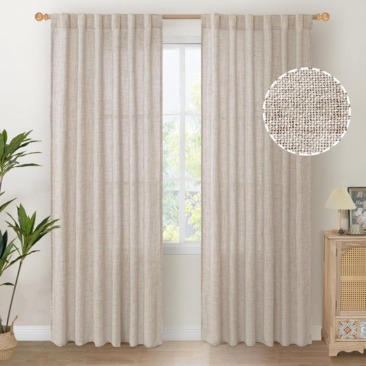 YoungsTex Natural Linen Curtains 80 Inch Length for Living Room, Light Filtering Burlap Textured Rod Pocket Window Drapes Back Tab for Bedroom Office Rustic, 2 Panels, 52 X 80 Inch