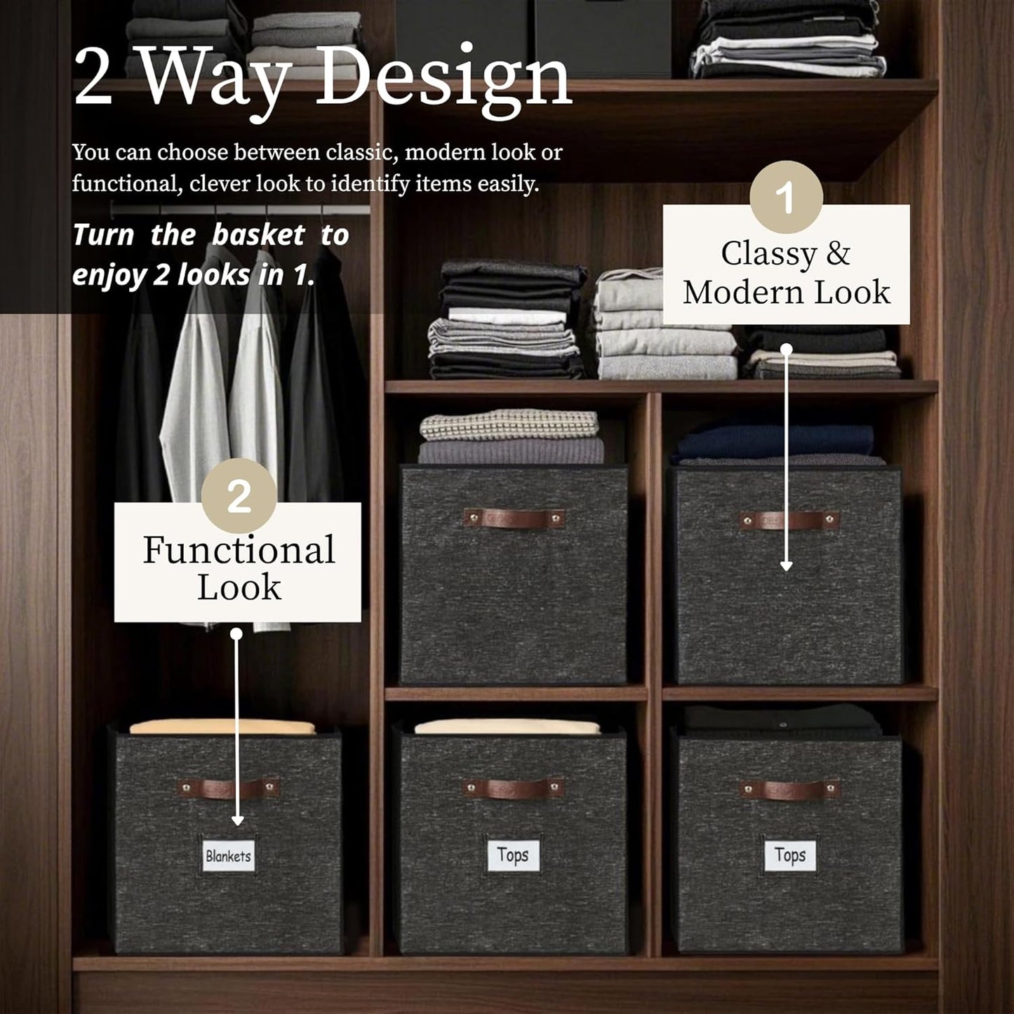 DECOMOMO Storage Baskets, 13x15x13 Storage Cube Bins with Labels for Organizing Shelves Kallax (Kallax / 4pcs, Black Pattern)