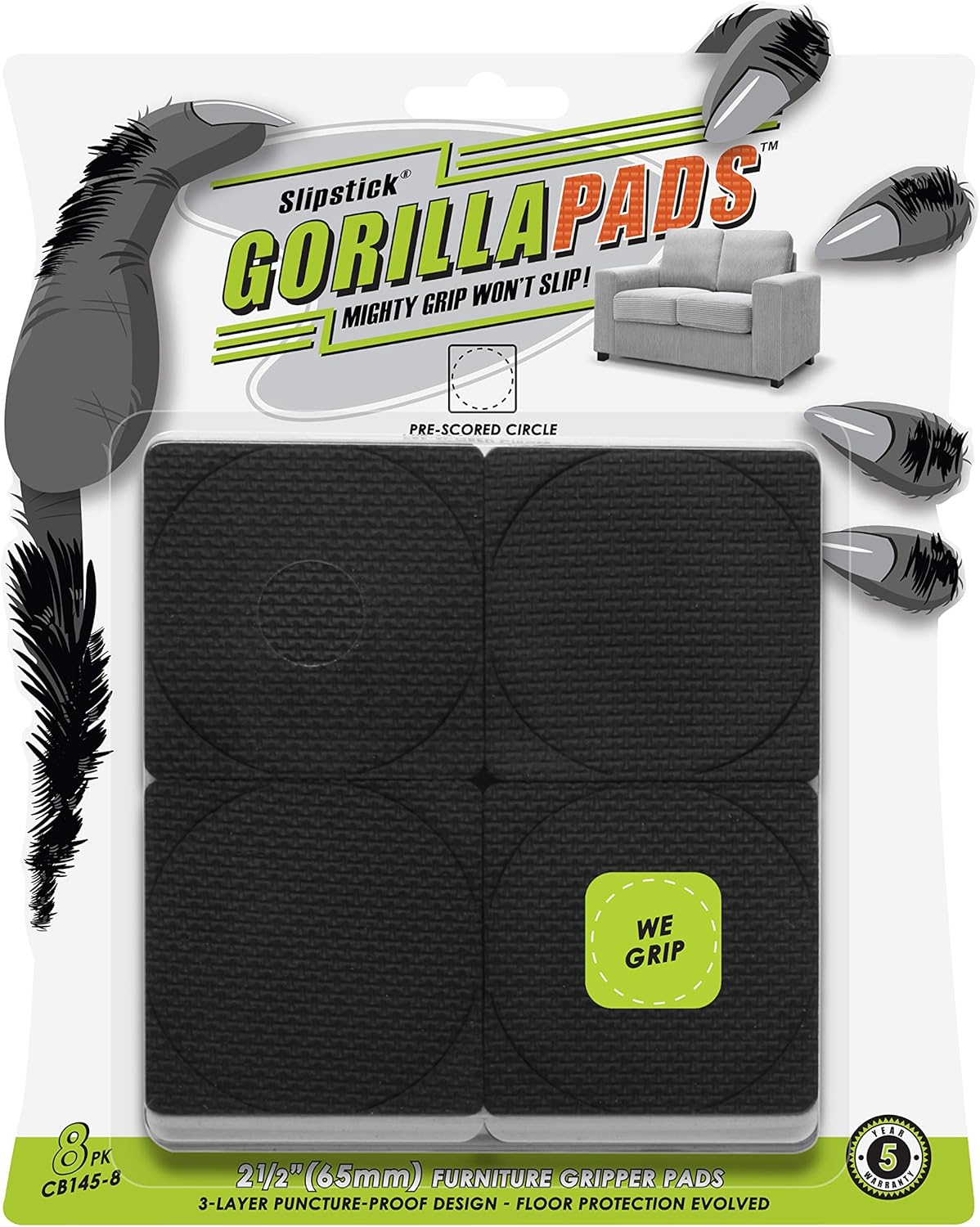 GorillaPads Non-Slip Furniture Pads/Grippers, Rubber Floor Protectors for Under Furniture, Black (2.5" Pre-Scored)