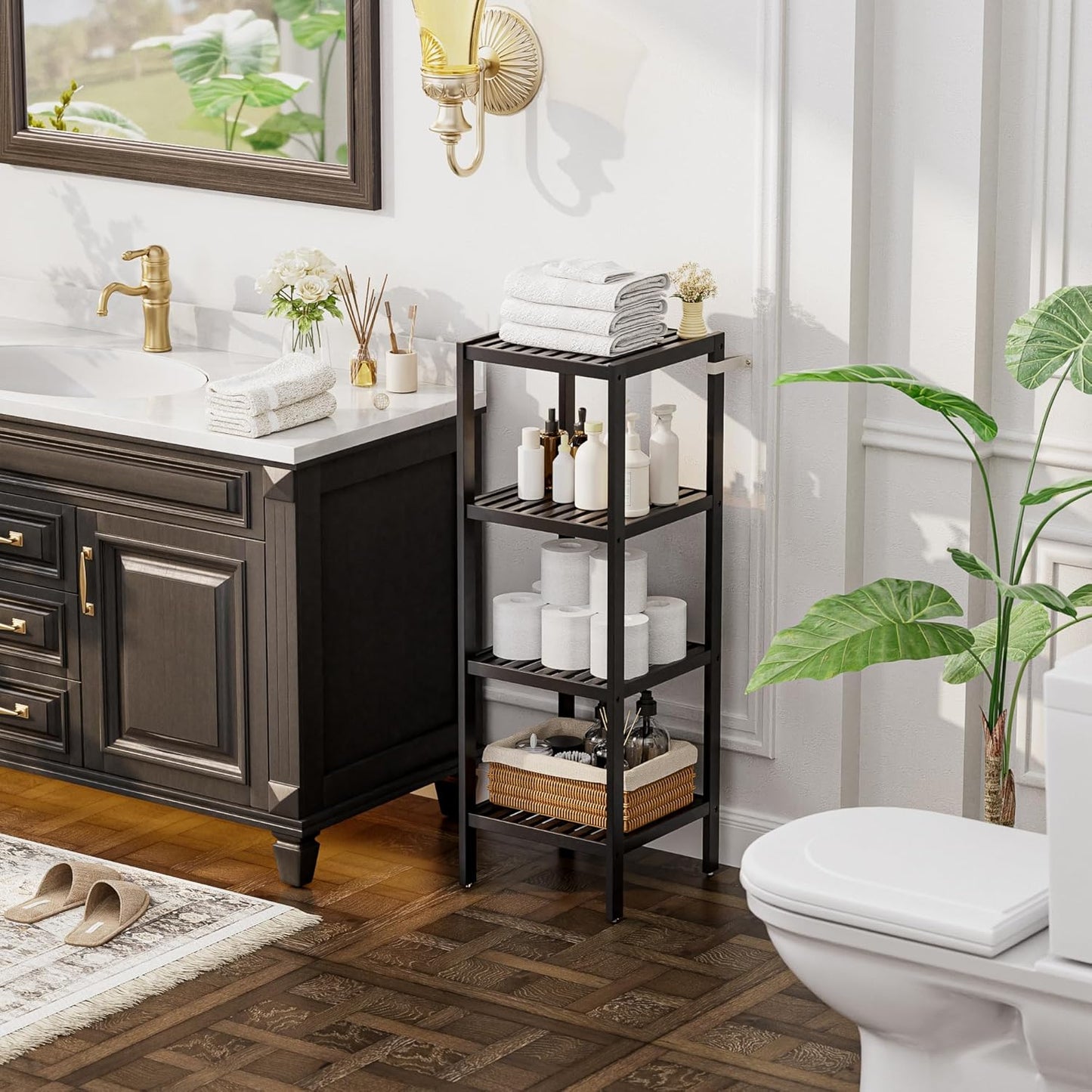 SMIBUY Bathroom Storage Shelf, 4-Tier Bamboo Rack Organizer, Multifunctional Shelving Unit for Living Room Bedroom Kitchen (Black)