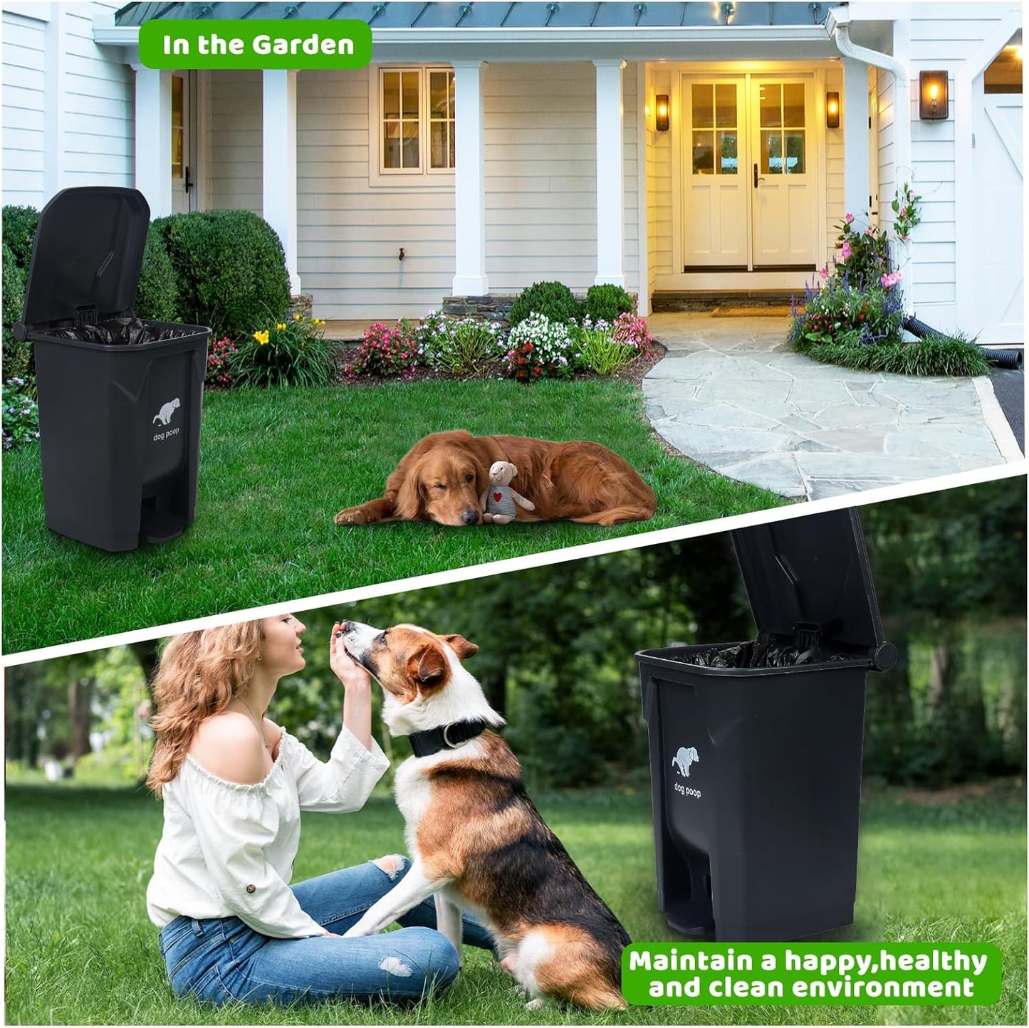 Dog Poop Trash Can Outside, 20L/5Gallon Pedal and Removable Inner Waste Bin, Outdoor Dog Poop Trash Can with 100 Bags, Pet Waste Container for Garden, Black
