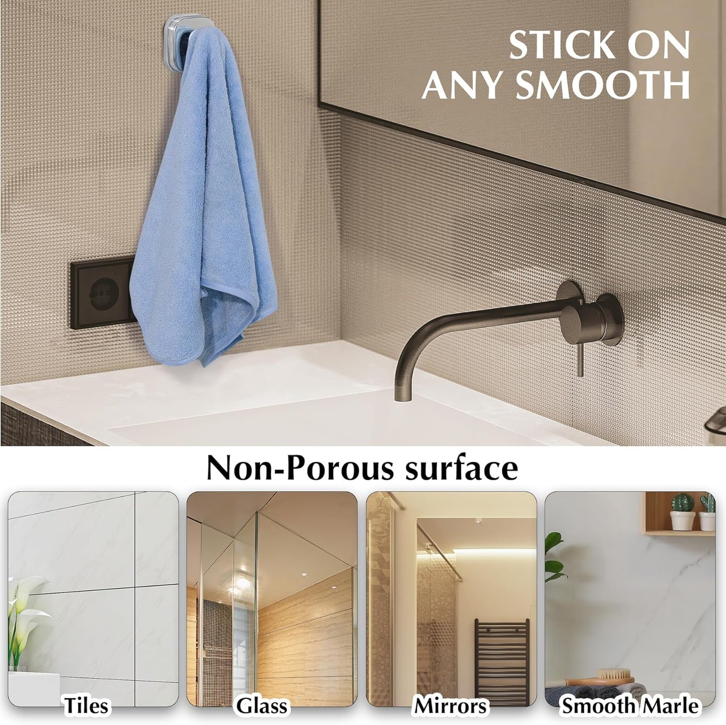 Suction Cup Hooks for Shower - Reusable No-Drill Mounting - Hooks for Towels, Robes & Loofah on Metal, Glass, Mirrors, Tile & Smooth Non-Porous Surfaces (2, Chrome Polished)