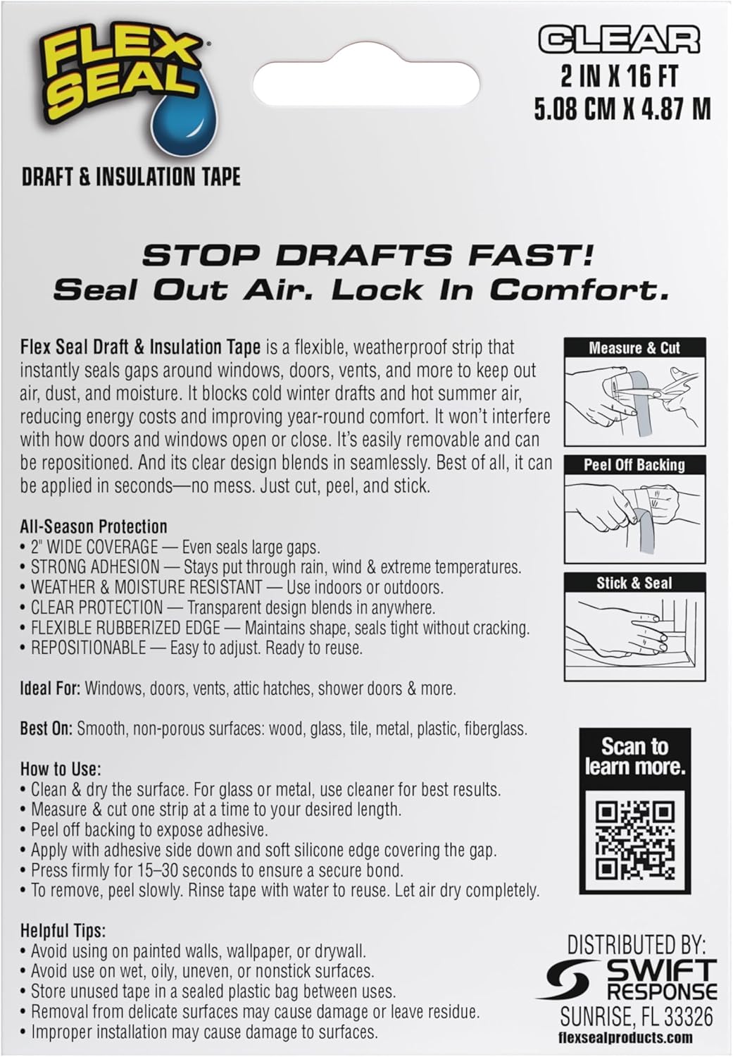 Flex Seal Draft and Insulation Sealing Tape, Flexible, Rubberized, Weatherproof Strip for Windows, Doors, Vents, Works on Wood, Glass, Tile, Metal, Plastic, Fiberglass, Clear, 2 in x 16 ft, Pack of 1