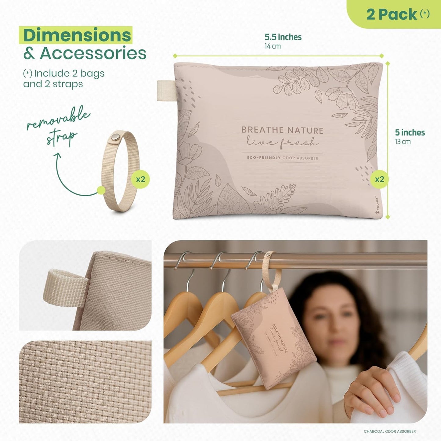 Roonin Activated Charcoal Odor Absorber - Bamboo Charcoal Air Purifying Bag - Activated Charcoal Bags Odor Absorber Packets - Home Deodorizer Odor Eliminator (2-pack)