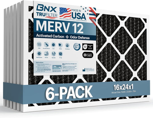 BNX TruFilter 16x24x1 MERV 12 Odor Defense (6-Pack) AC Furnace Air Filter with Activated Carbon - MADE IN USA - Pleated Air Conditioner HVAC AC Furnace Filters - Removes Odor, Mold, Bacteria, Smoke