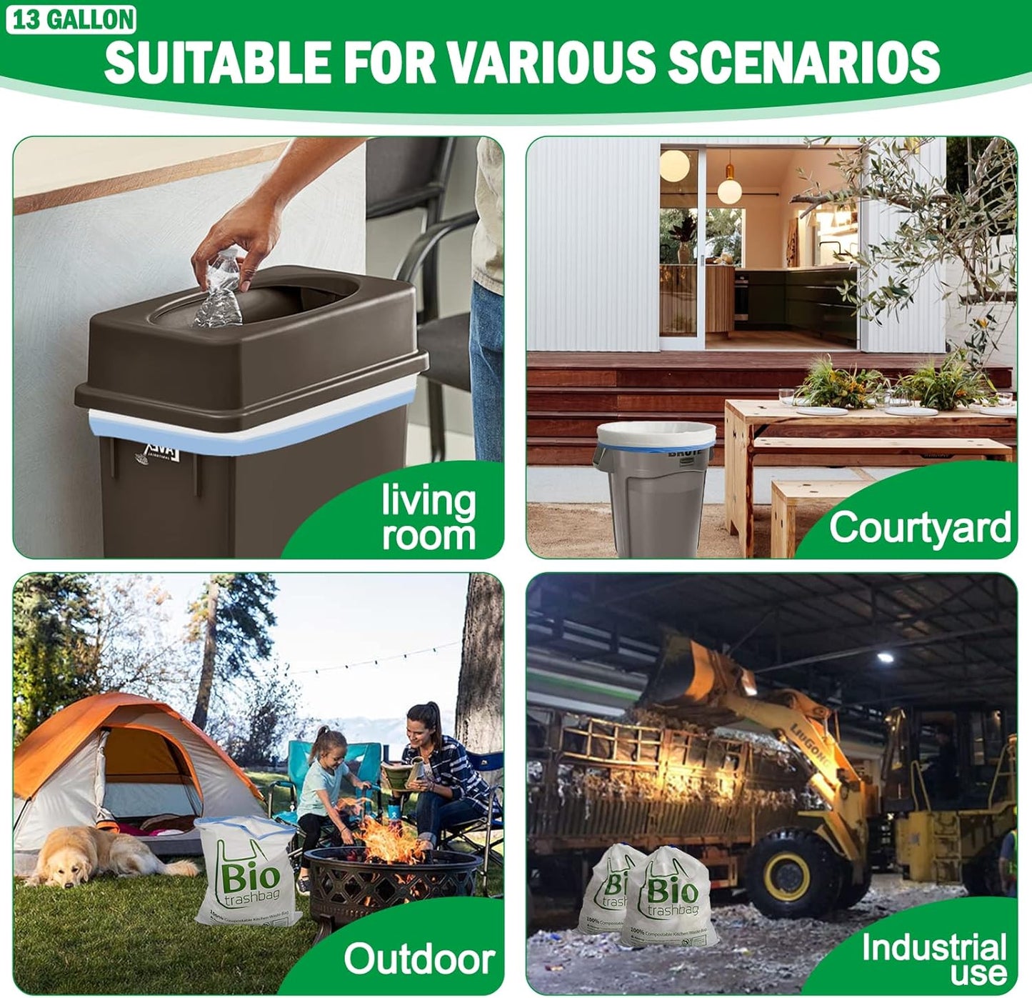 13 Gallon Compostable Trash Bags, 100 Count Biodegradable Drawstring Compost Food Waste Bags, Heavy Duty 1 Mil, 49.2 Liter, Tall Kitchen Large Garbage Bags, US BPI and Europe OK Compost