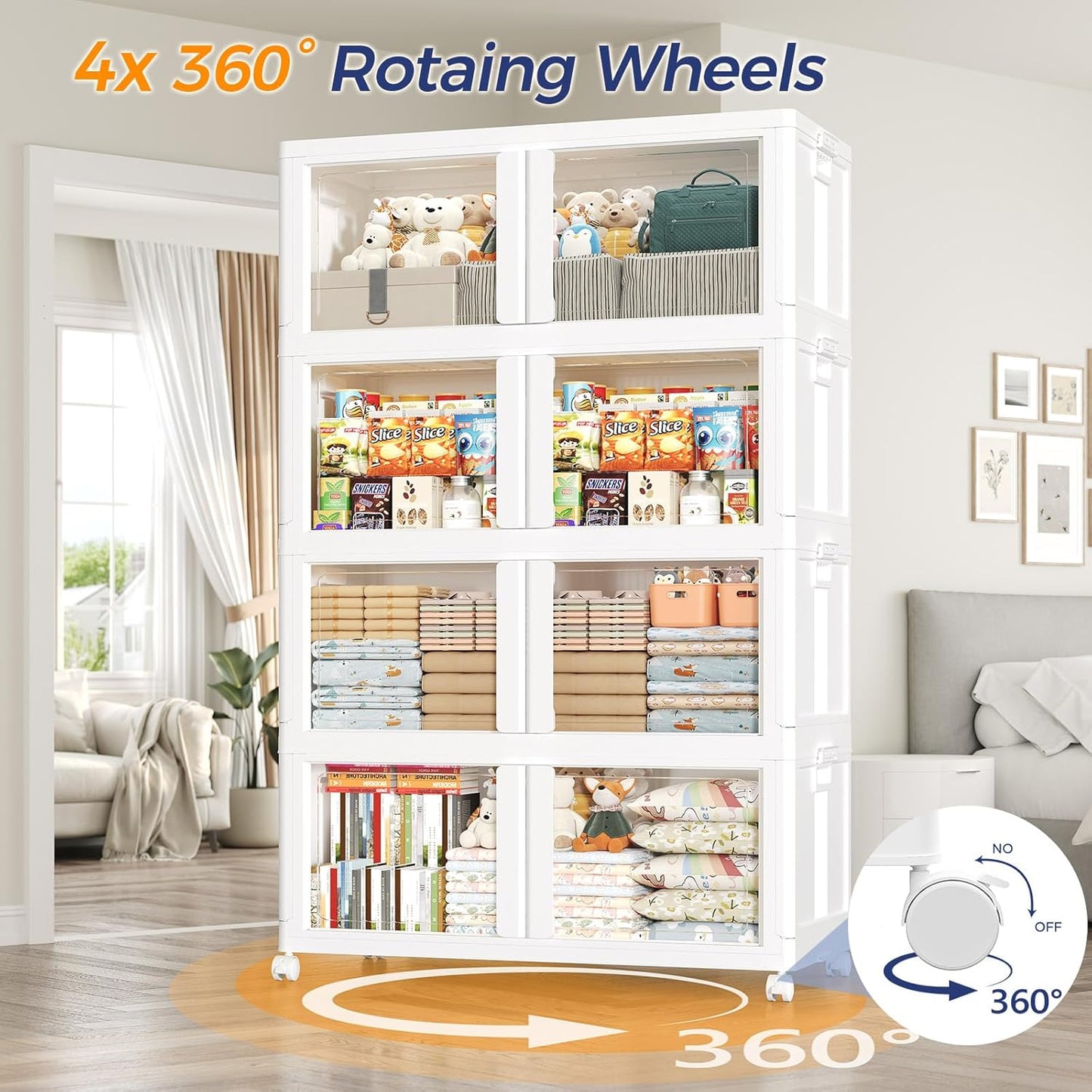 150GAL Large Stackable Storage Bins with Lid and Wheels, 600Qt Collapsible Organizer Cabinet with Clear Door, for Closet, Bedroom, Kitchen, Garage, 3-Pack White