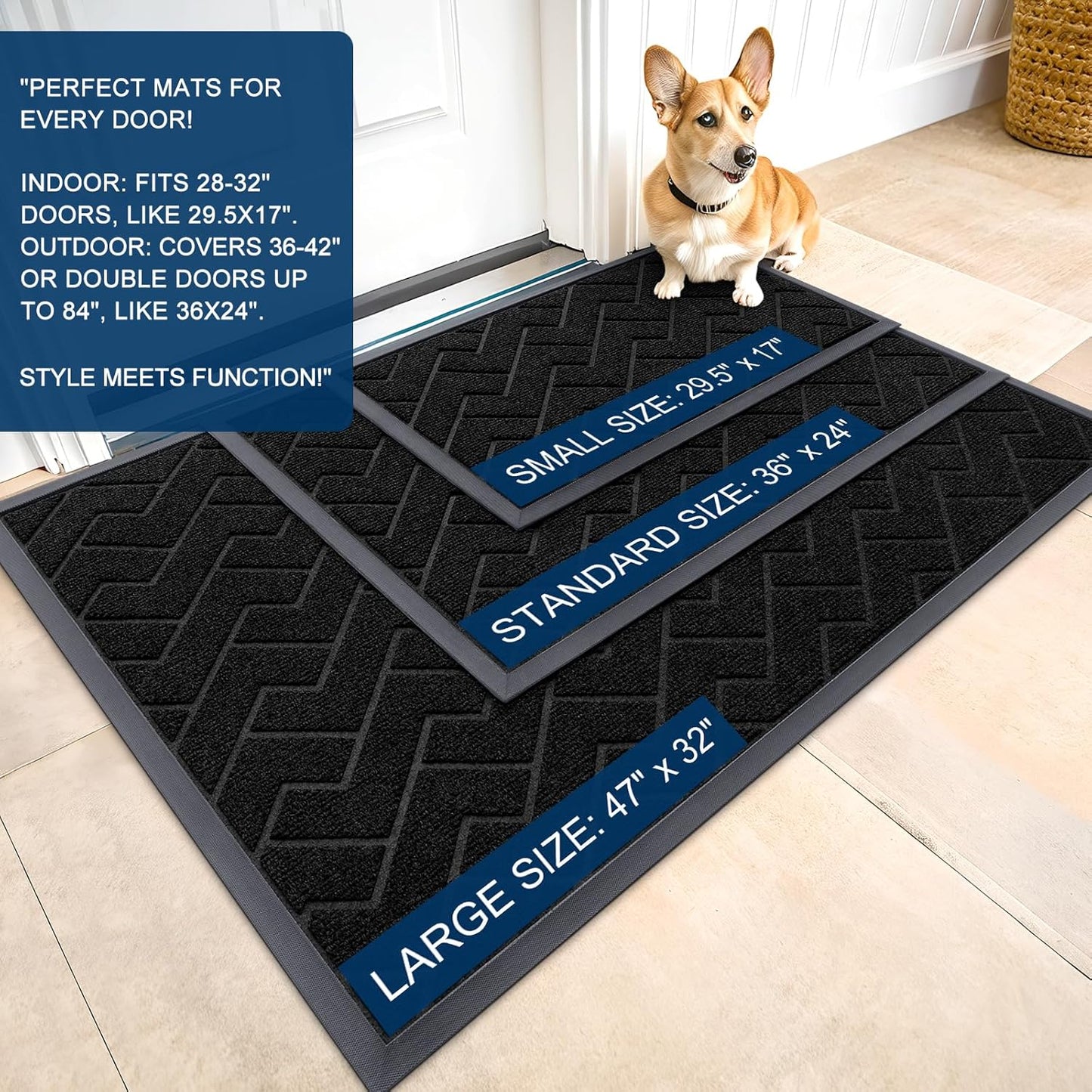 OLANLY Front Door Mat Indoor Outdoor Entrance, Waterproof All-Season, All-Weather Doormat, Sturdy Natural Rubber, Easy Clean Patio Porch Entryway Mat, Herringbone Brick (Jet Black, 29.5x17)
