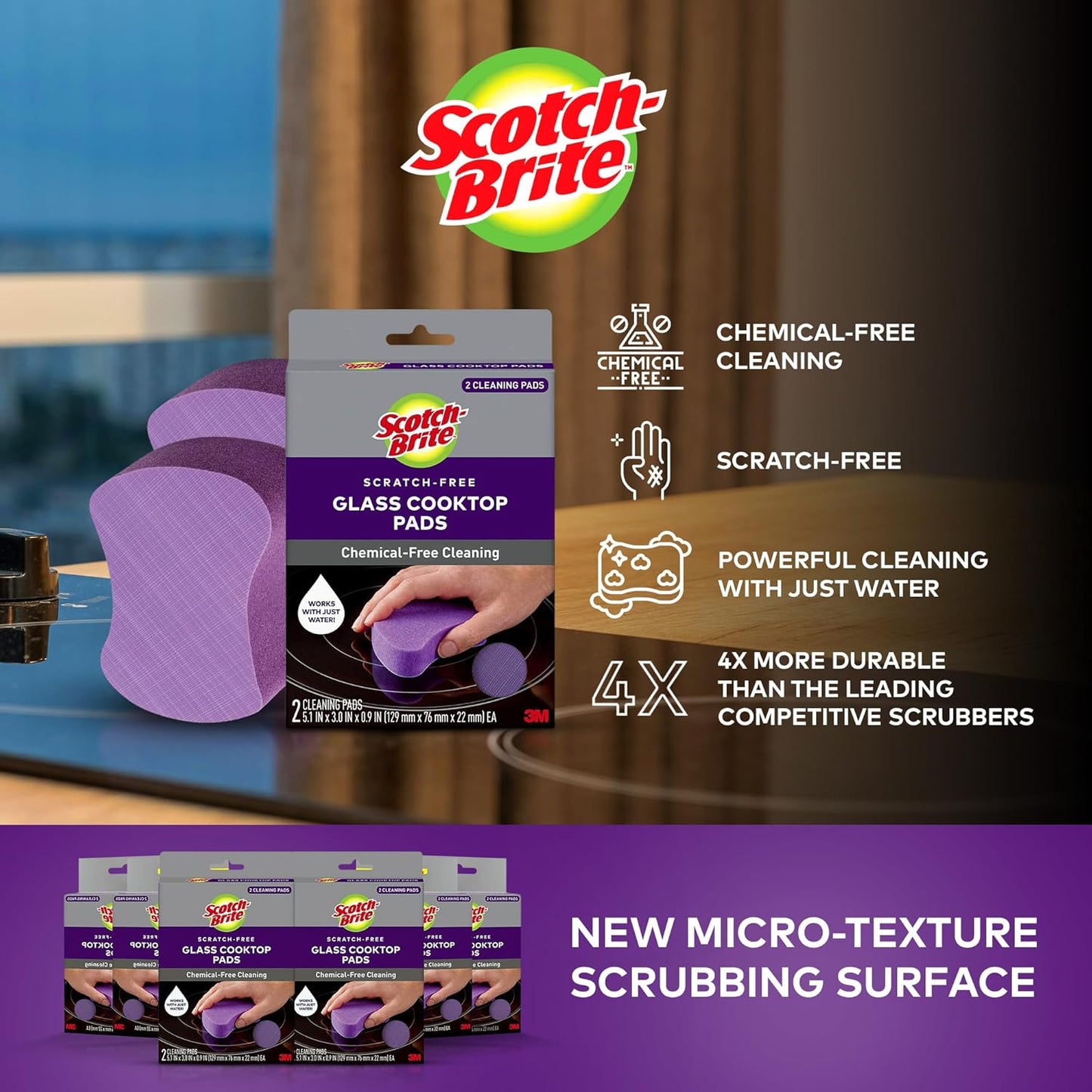 Scotch-Brite Glass Cooktop Pads, Scratch-Free & Non-Abrasive Scrubbers for Glass or Ceramic Stovetops, Cleans Burnt-On Messes with Just Water, Reusable Dishwasher-Safe Design (12 Pads)