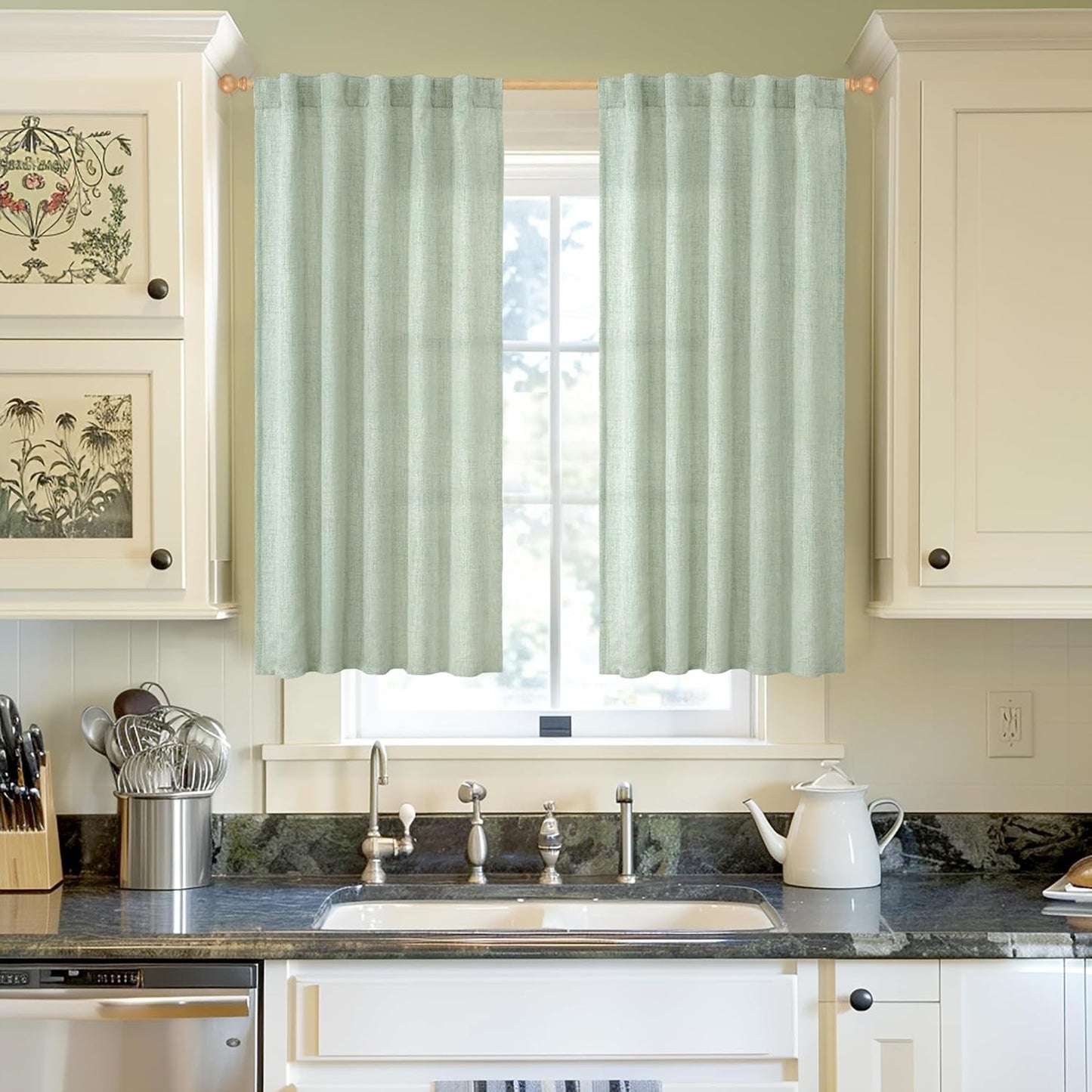 YoungsTex Sage Green Short Linen Curtains 48 Inch Length for Kitchen, Semi Sheer Small Window Drapes Rod Pocket Back Tab Light Filtering for Living Room Cafe Spring Decor, 2 Panels, 42 X 48 Inch