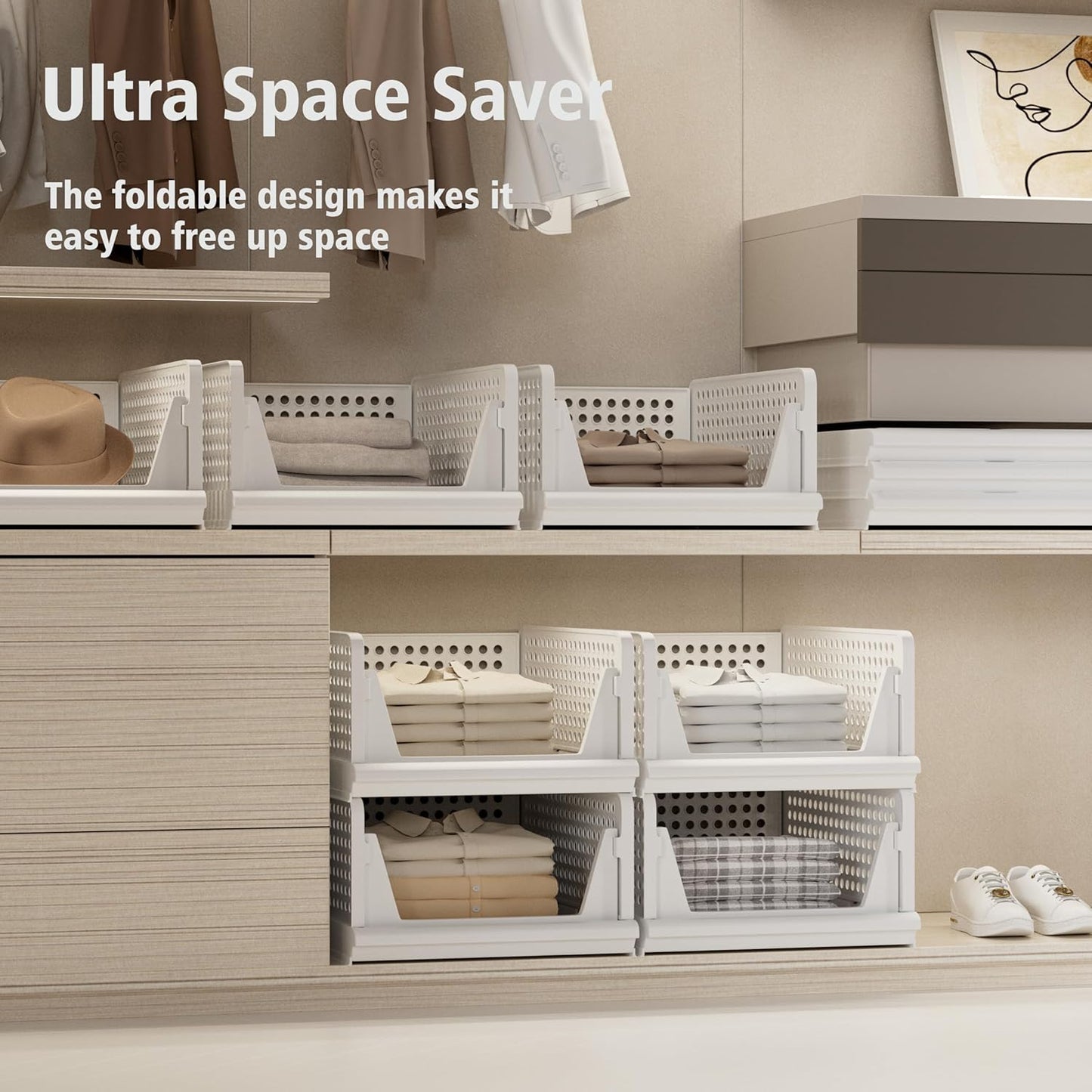 Proarea 5 Pack Stackable Plastic Storage Basket Closet Organizer Bin Foldable Clothes Organizer Storage Drawer Shelf Container for Living room Bathroom Kitchen Office (3L+2S)