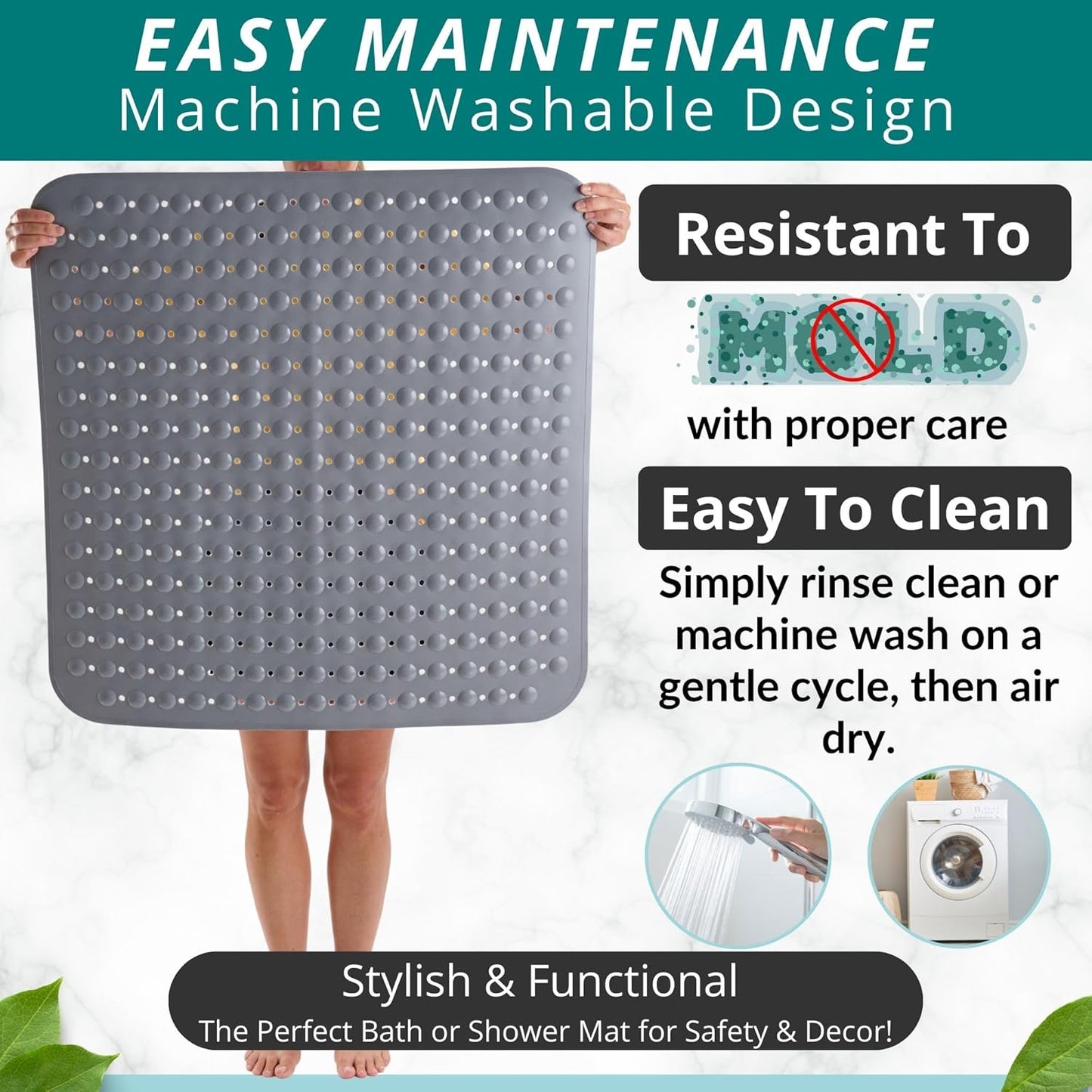 ENKOSI Extra Large Square Non Slip Shower Mat - 31 x 31-inch XL Bathroom Shower Mat - Square Shower Matts for Shower Stall Floors - Secure Suction Cups and Drain Holes (31x31 Grey)