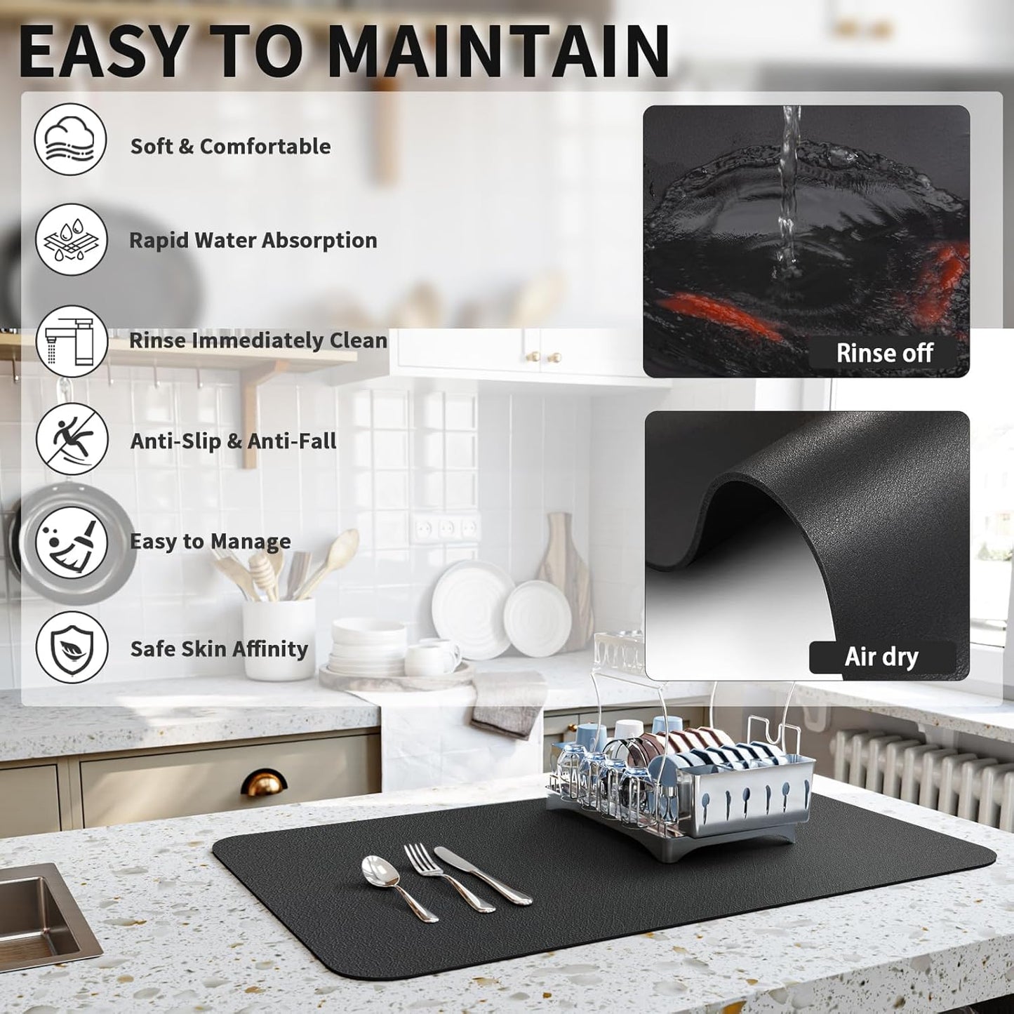 Dish Drying Mat for Kitchen Counter, Heat Resistant Drainer Mats with Non-slip Rubber Backed, Hide Stain Kitchen Super Absorbent Draining Mat, Easy to Clean Dish Rack Pad, Black 18"x32"