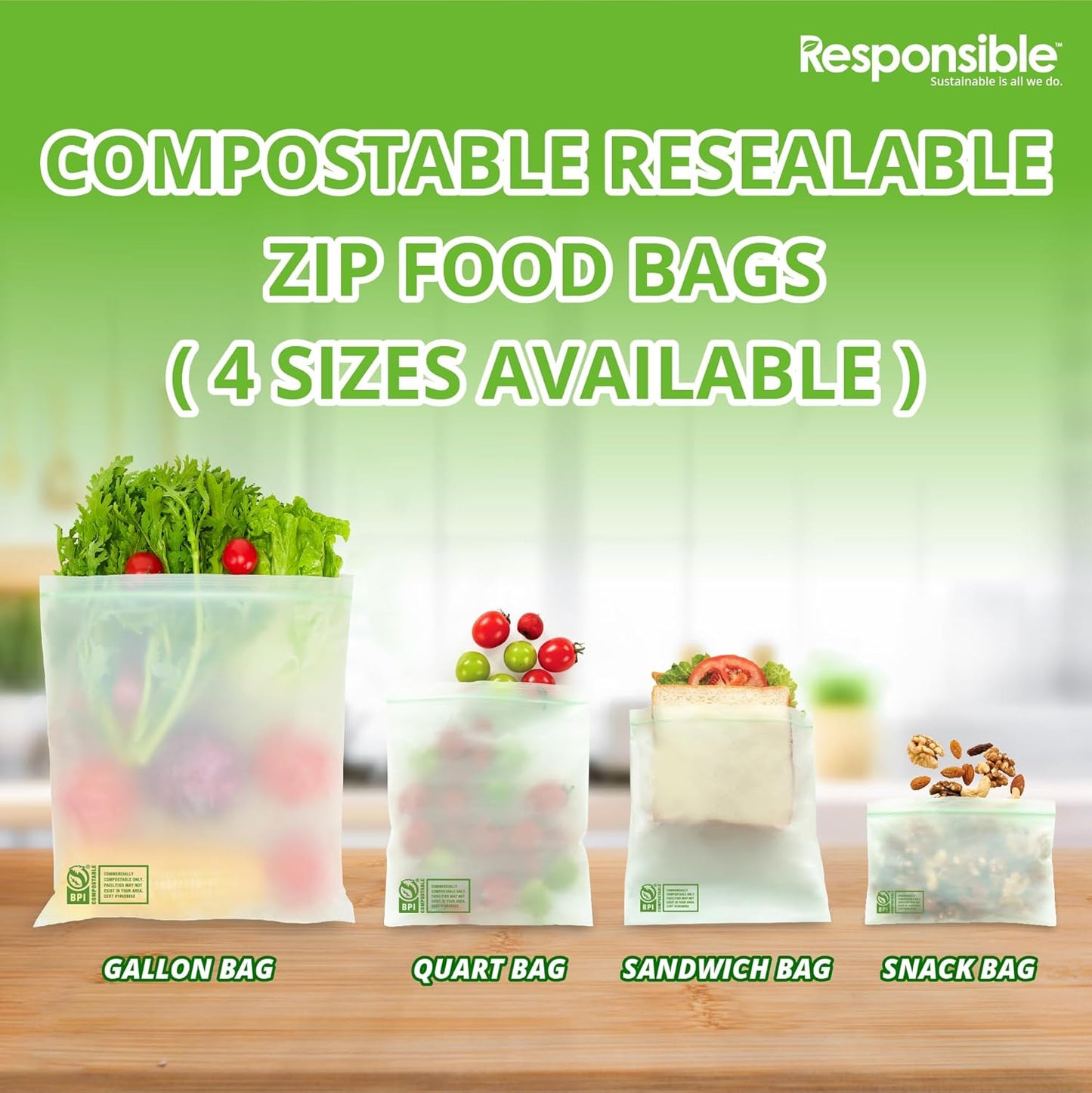 Responsible Products Certified Compostable SNACK Resealable Zip Bag, Extra Strength Food Bags, Plant-Based Freezer-Safe (184 Pack)